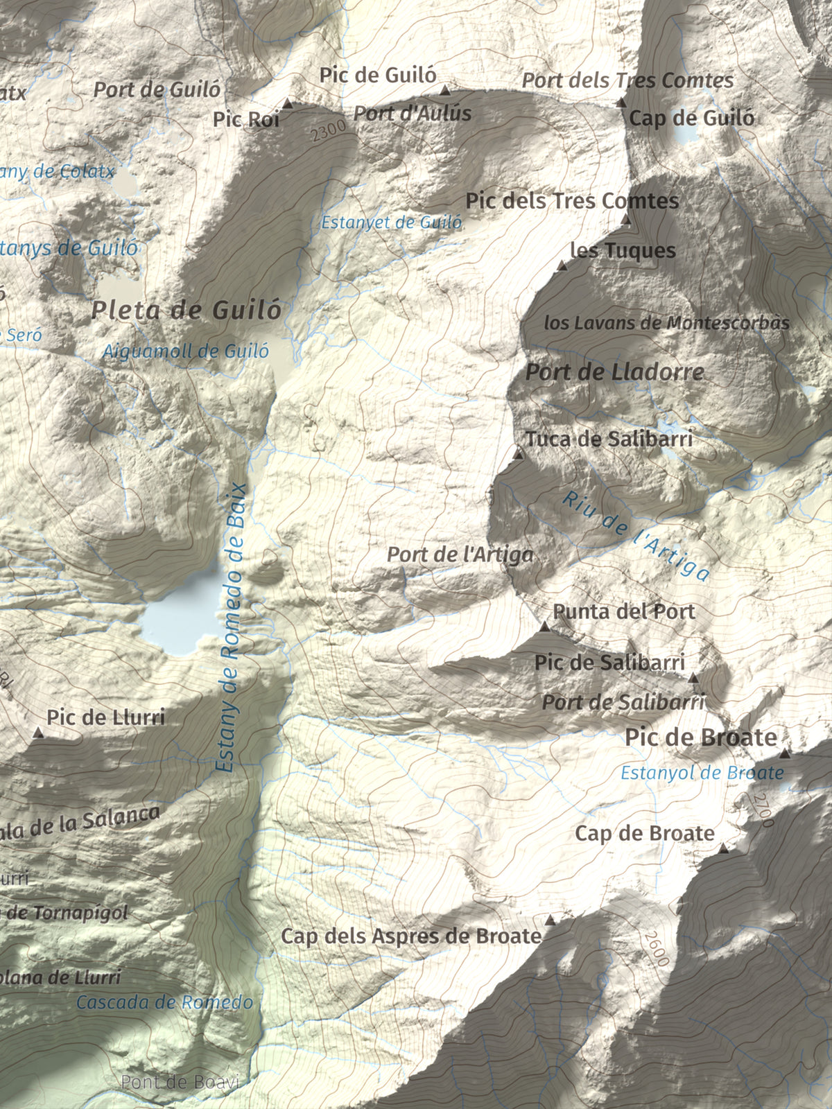 Mapa topográfico del relieve: Pic de Colatx, 2570 m. Detalle de la zona inferior derecha. 30 × 40 cm.