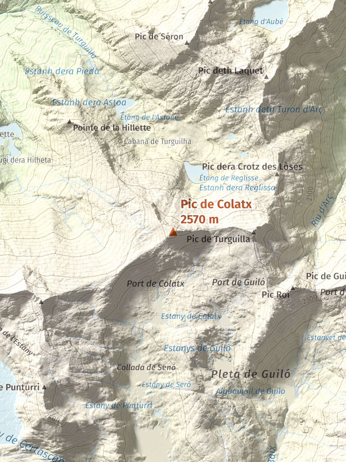 Mapa topográfico del relieve: Pic de Colatx, 2570 m. Detalle de la zona central. 30 × 40 cm.
