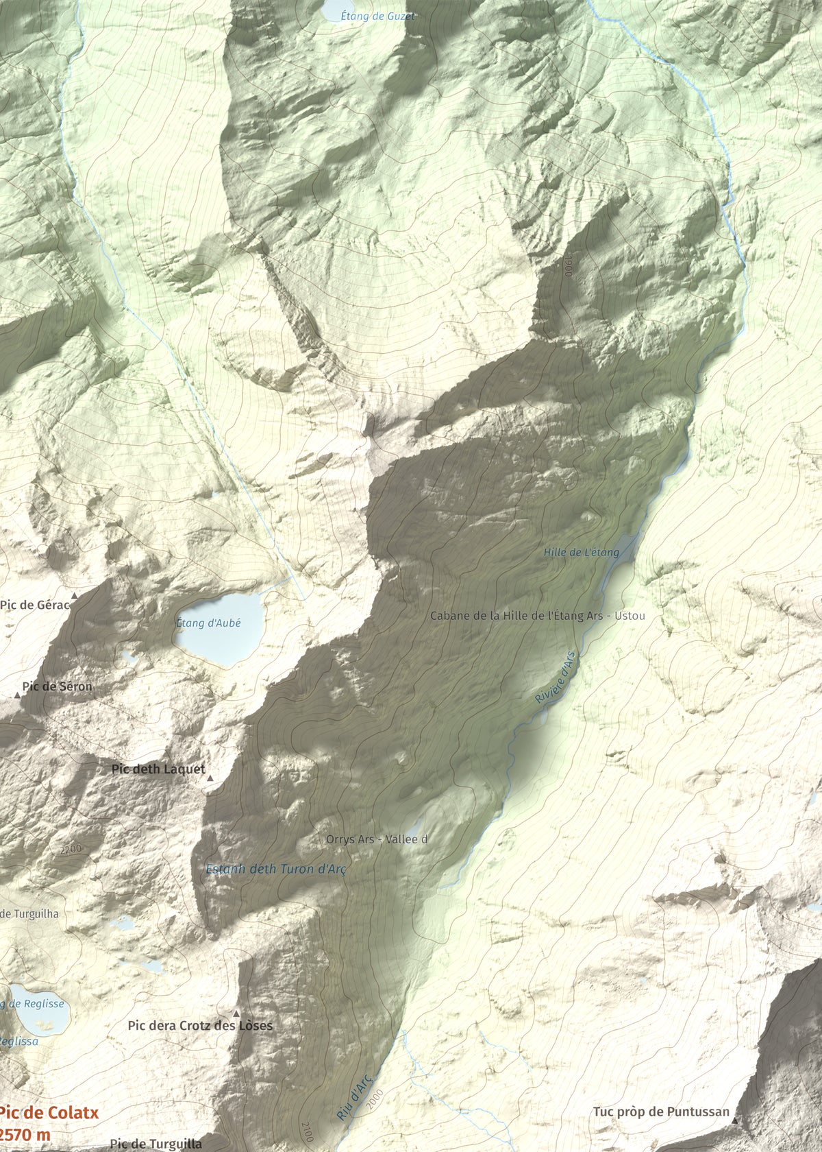 Mapa topográfico del relieve: Pic de Colatx, 2570 m. Detalle de la zona superior derecha. 50 × 70 cm.