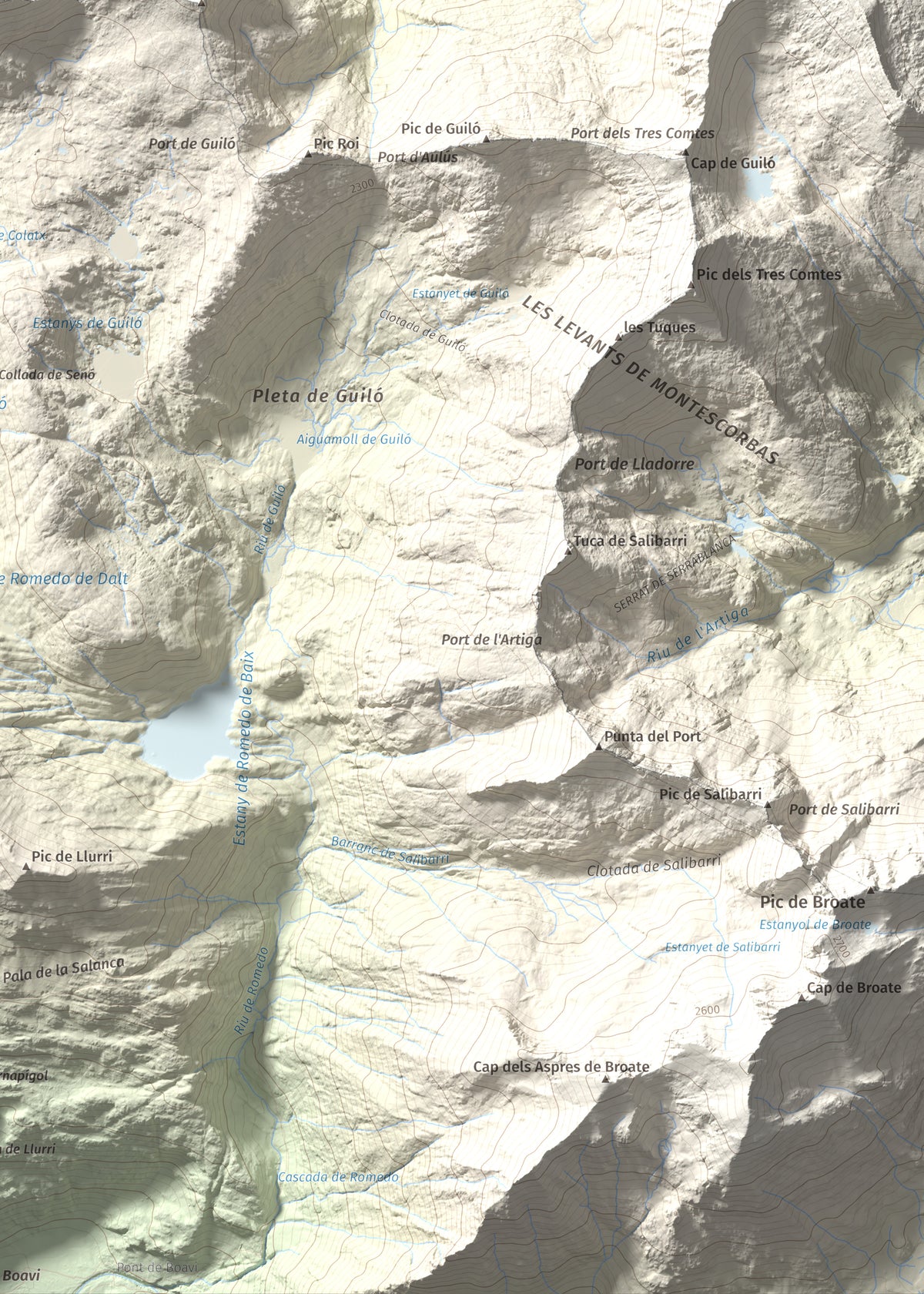 Mapa topográfico del relieve: Pic de Colatx, 2570 m. Detalle de la zona inferior derecha. 50 × 70 cm.
