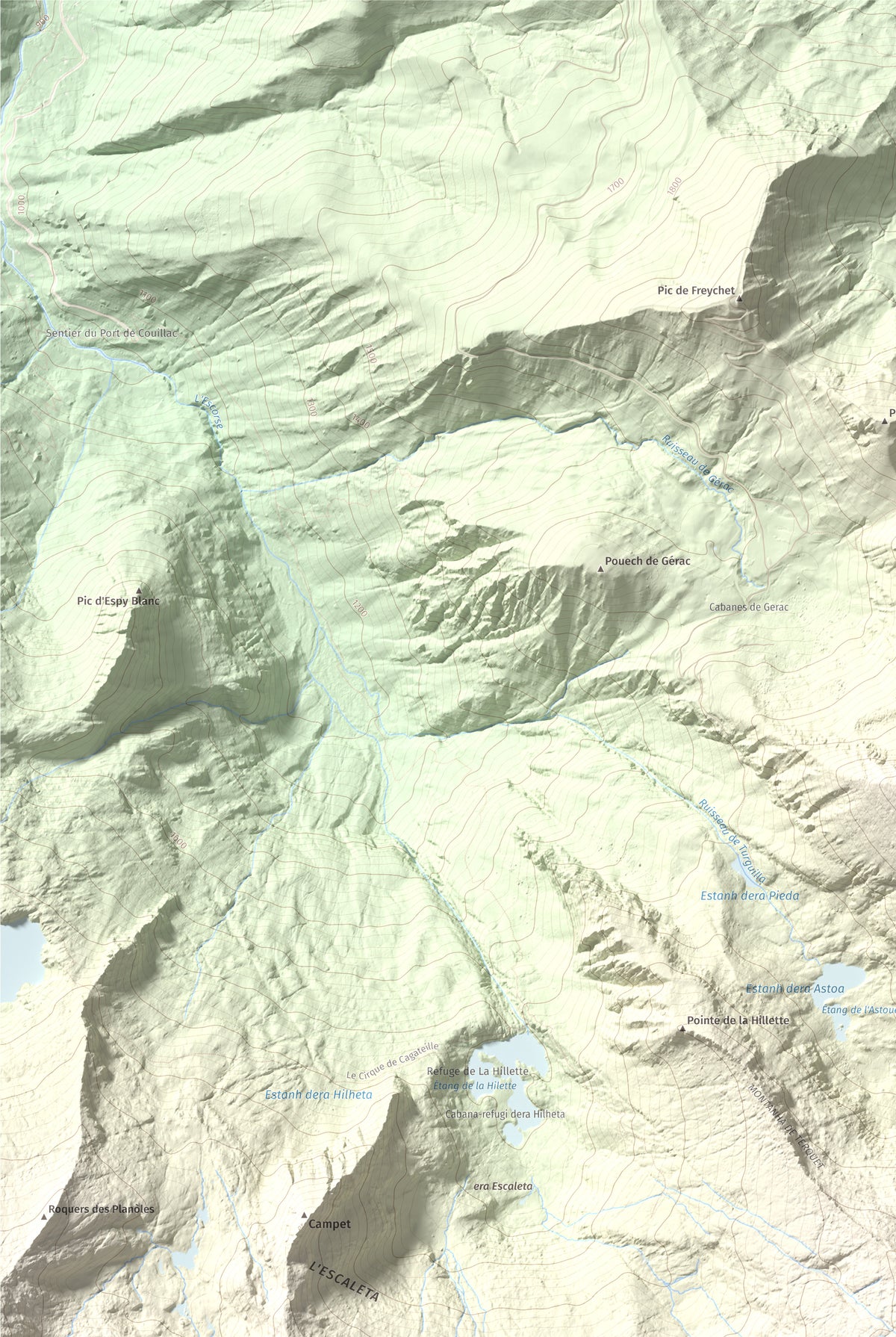 Mapa topográfico del relieve: Pic de Colatx, 2570 m. Detalle de la zona superior izquierda. 61 × 91 cm.