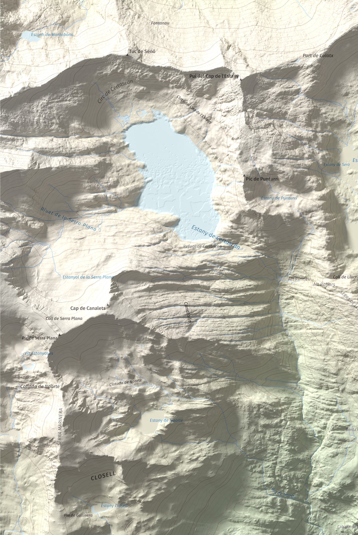 Mapa topográfico del relieve: Pic de Colatx, 2570 m. Detalle de la zona inferior izquierda. 61 × 91 cm.