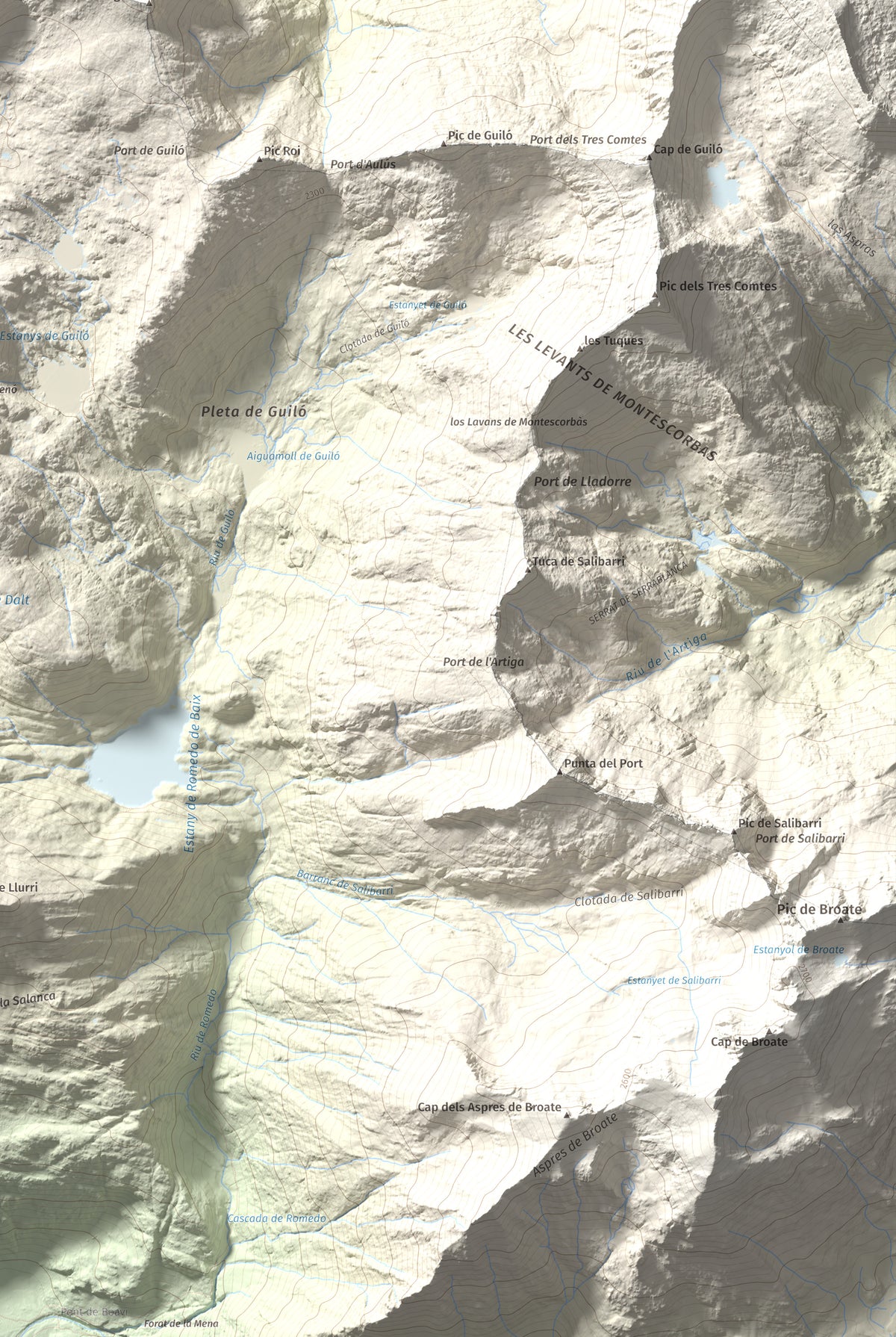 Mapa topográfico del relieve: Pic de Colatx, 2570 m. Detalle de la zona inferior derecha. 61 × 91 cm.