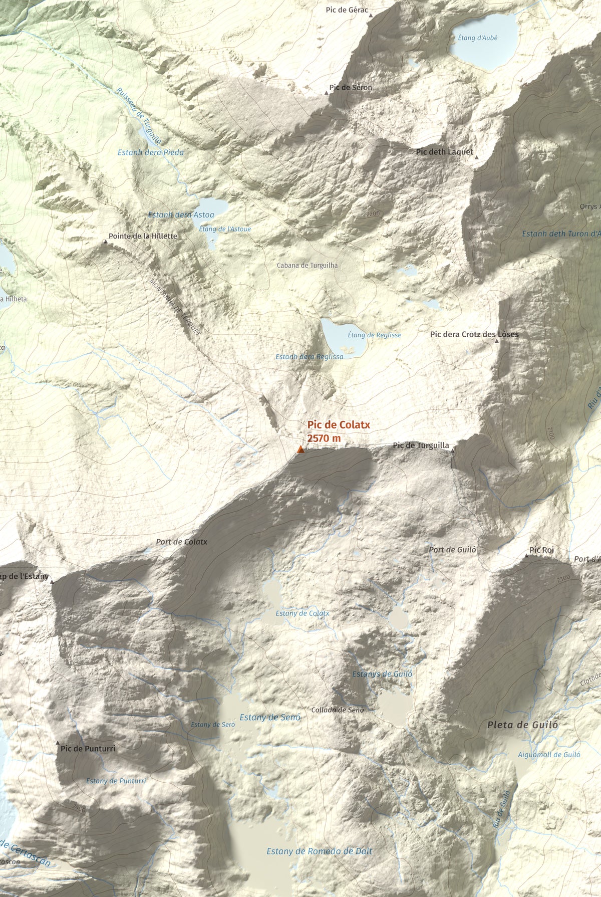 Mapa topográfico del relieve: Pic de Colatx, 2570 m. Detalle de la zona central. 61 × 91 cm.