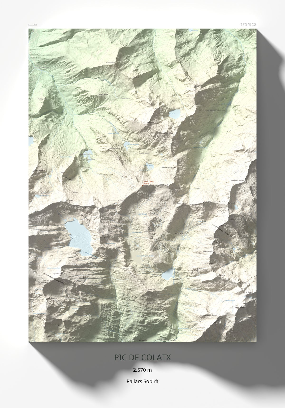Mapa topográfico del relieve: Pic de Colatx, 2570 m. Lámina completa. 70 × 100 cm.