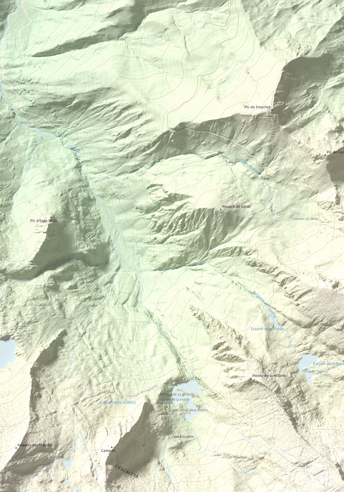 Mapa topográfico del relieve: Pic de Colatx, 2570 m. Detalle de la zona superior izquierda. 70 × 100 cm.