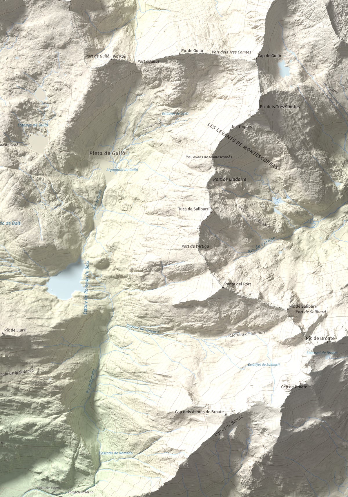 Mapa topográfico del relieve: Pic de Colatx, 2570 m. Detalle de la zona inferior derecha. 70 × 100 cm.