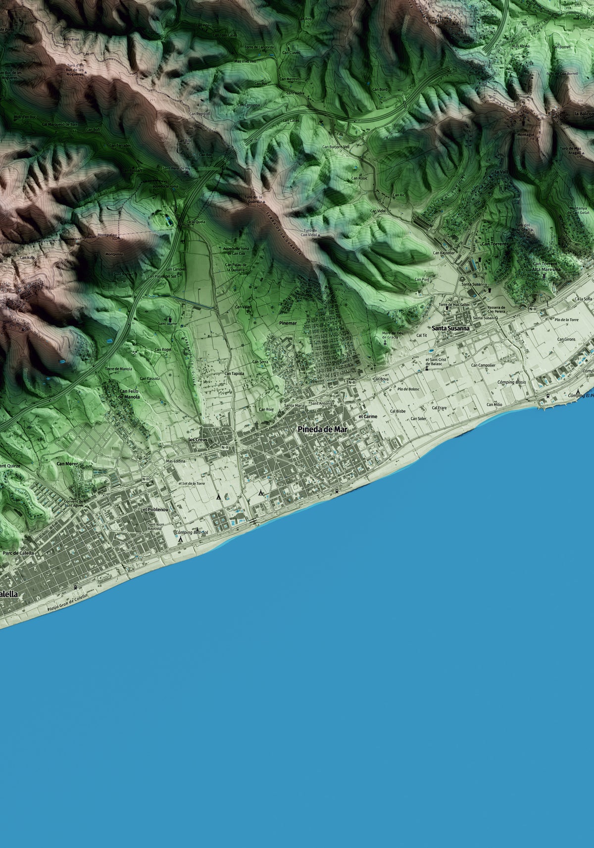 Mapa artístico del relieve de Pineda de Mar, al Maresme, con 15 km de entorno y base topográfica ICGC. Detalle de la zona central.