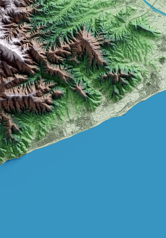 Mapa artístico del relieve de Pineda de Mar, al Maresme, con 15 km de entorno y base topográfica ICGC
