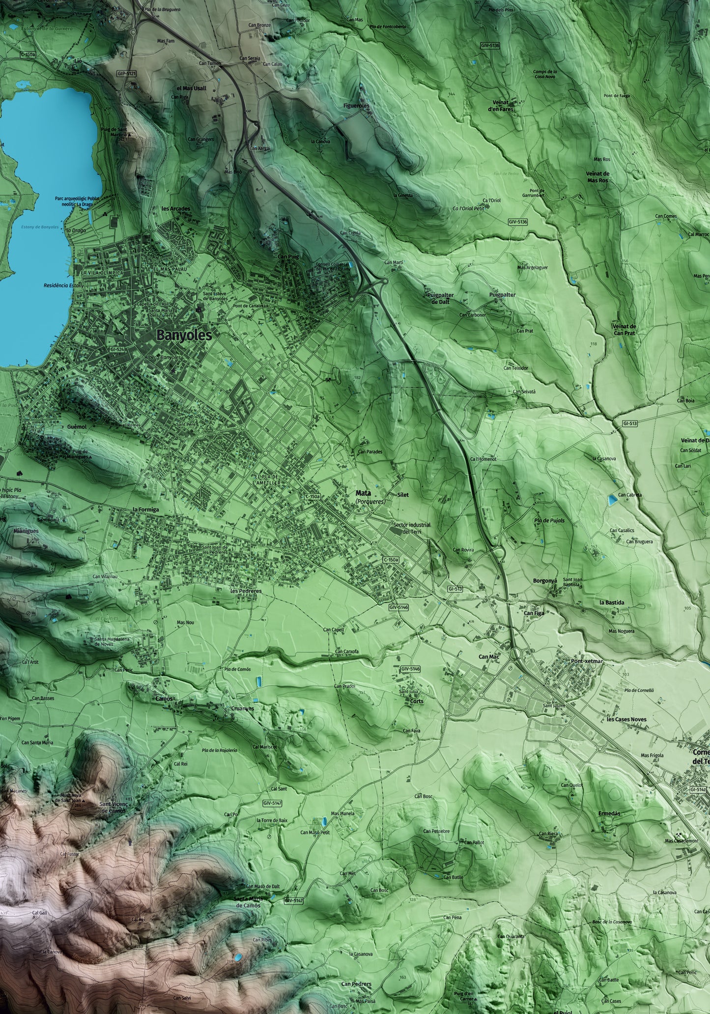 Mapa artístico del relieve de Porqueres, en el Pla de l'Estany, con 15 km de entorno y base topográfica ICGC. Detalle de la zona central.