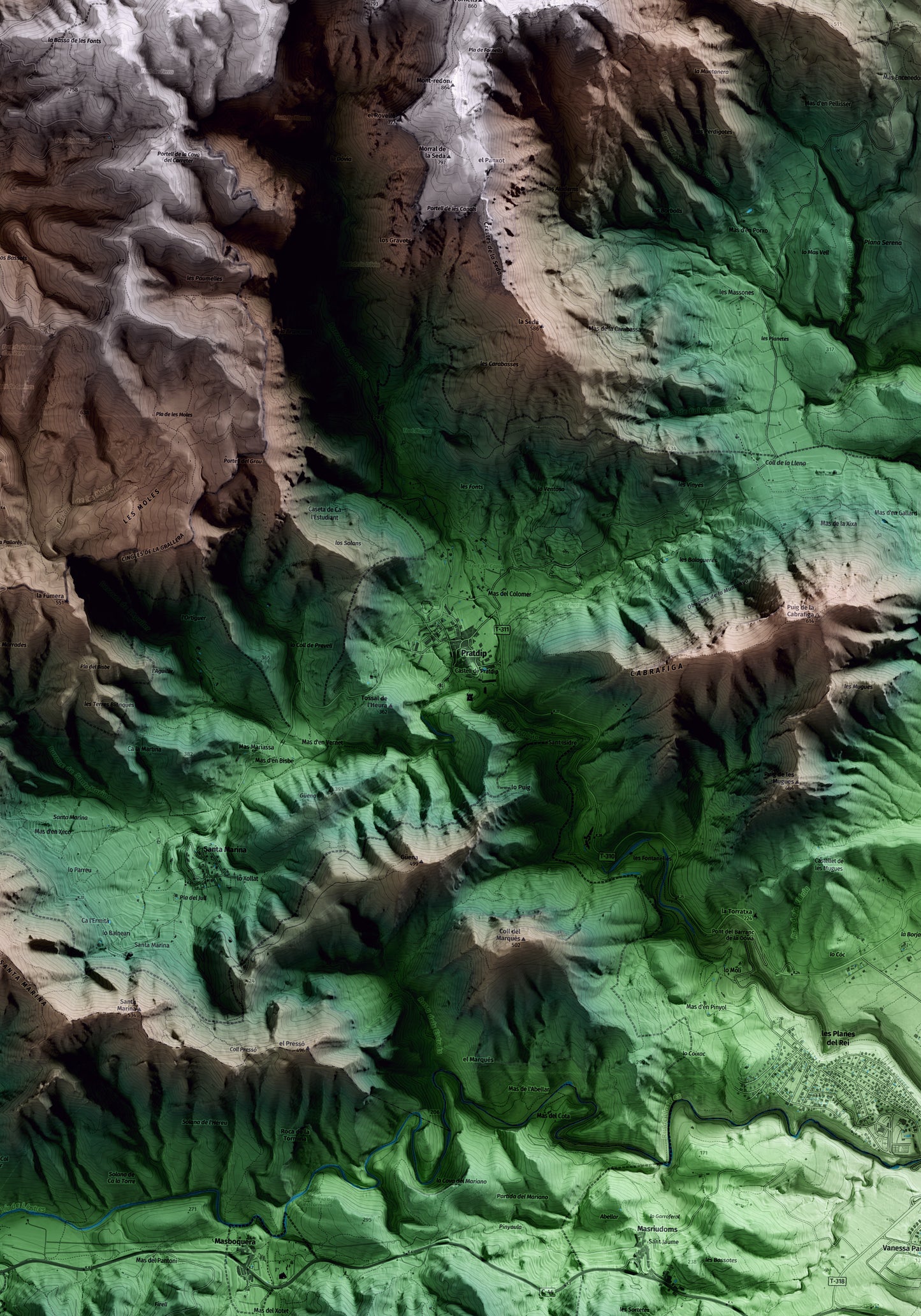Mapa artístico del relieve de Pratdip, al Baix Camp, con 15 km de entorno y base topográfica ICGC. Detalle de la zona central.
