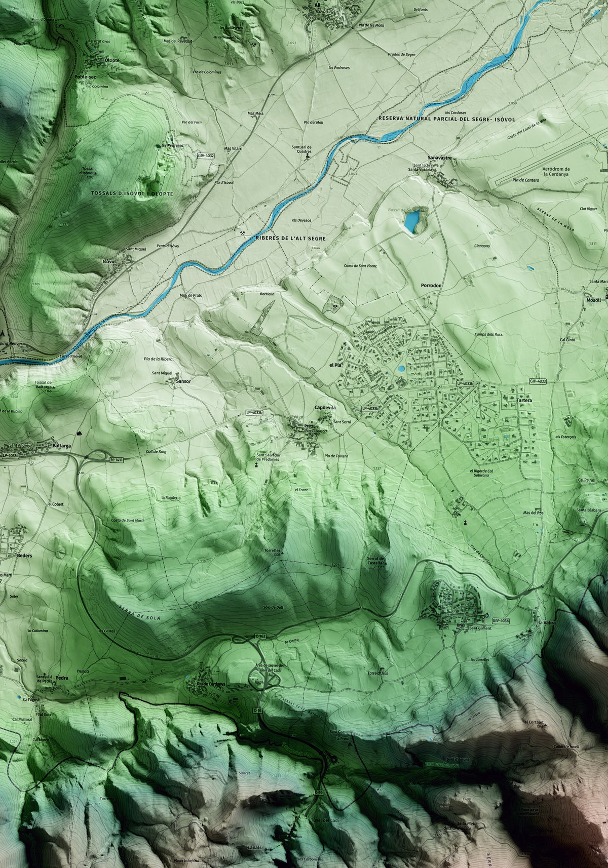 Mapa artístico del relieve de Prats i Sansor, a la Cerdanya, con 15 km de entorno y base topográfica ICGC. Detalle de la zona central.