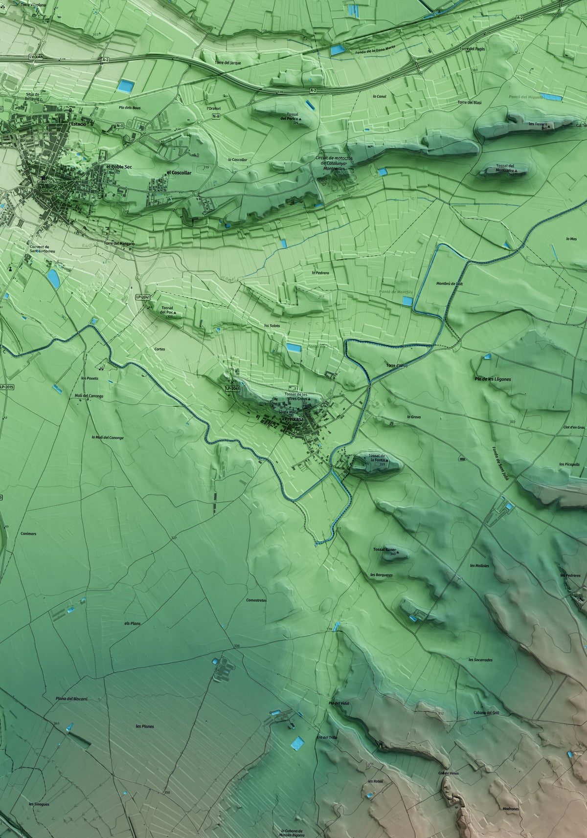 Mapa artístico del relieve de Preixana, al Urgell, con 15 km de entorno y base topográfica ICGC. Detalle de la zona central.