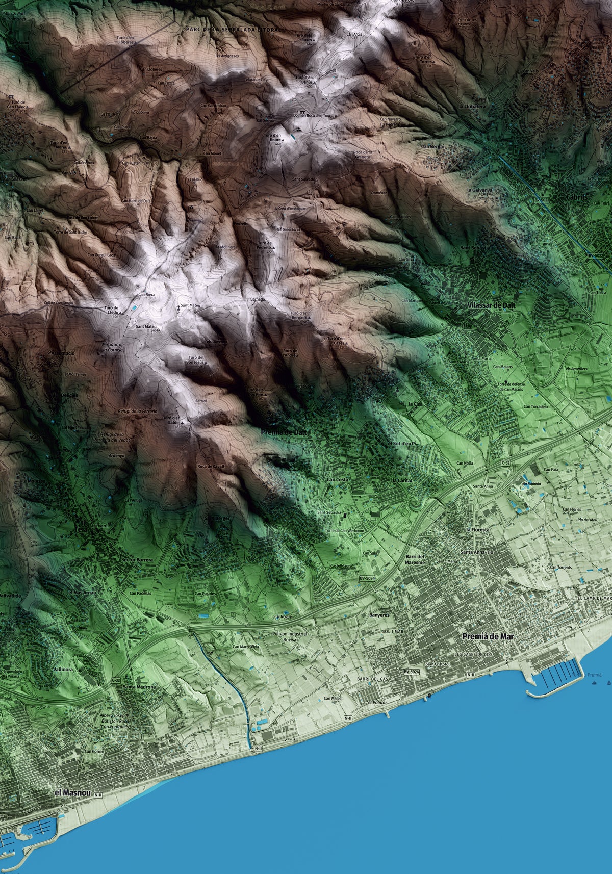 Mapa artístico del relieve de Premià de Dalt, al Maresme, con 15 km de entorno y base topográfica ICGC. Detalle de la zona central.