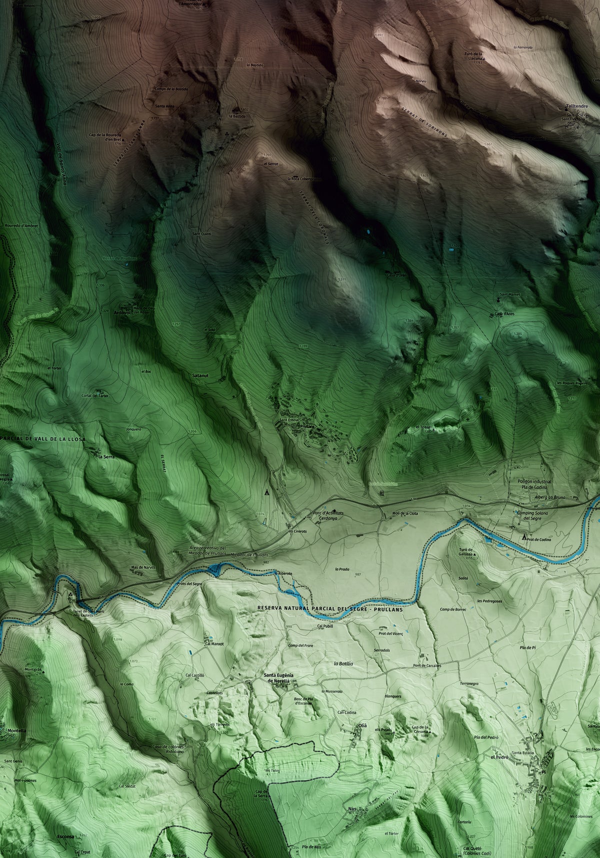 Mapa artístico del relieve de Prullans, a la Cerdanya, con 15 km de entorno y base topográfica ICGC. Detalle de la zona central.