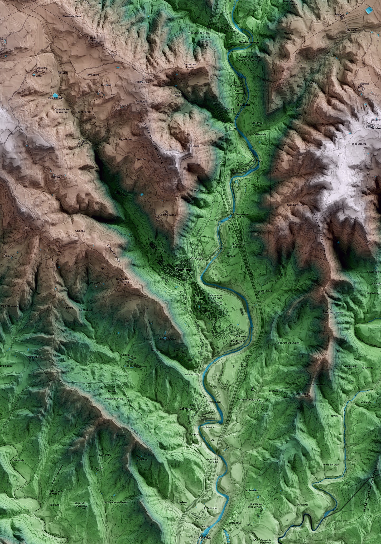 Mapa artístico del relieve de Puig-reig, al Berguedà, con 15 km de entorno y base topográfica ICGC. Detalle de la zona central.