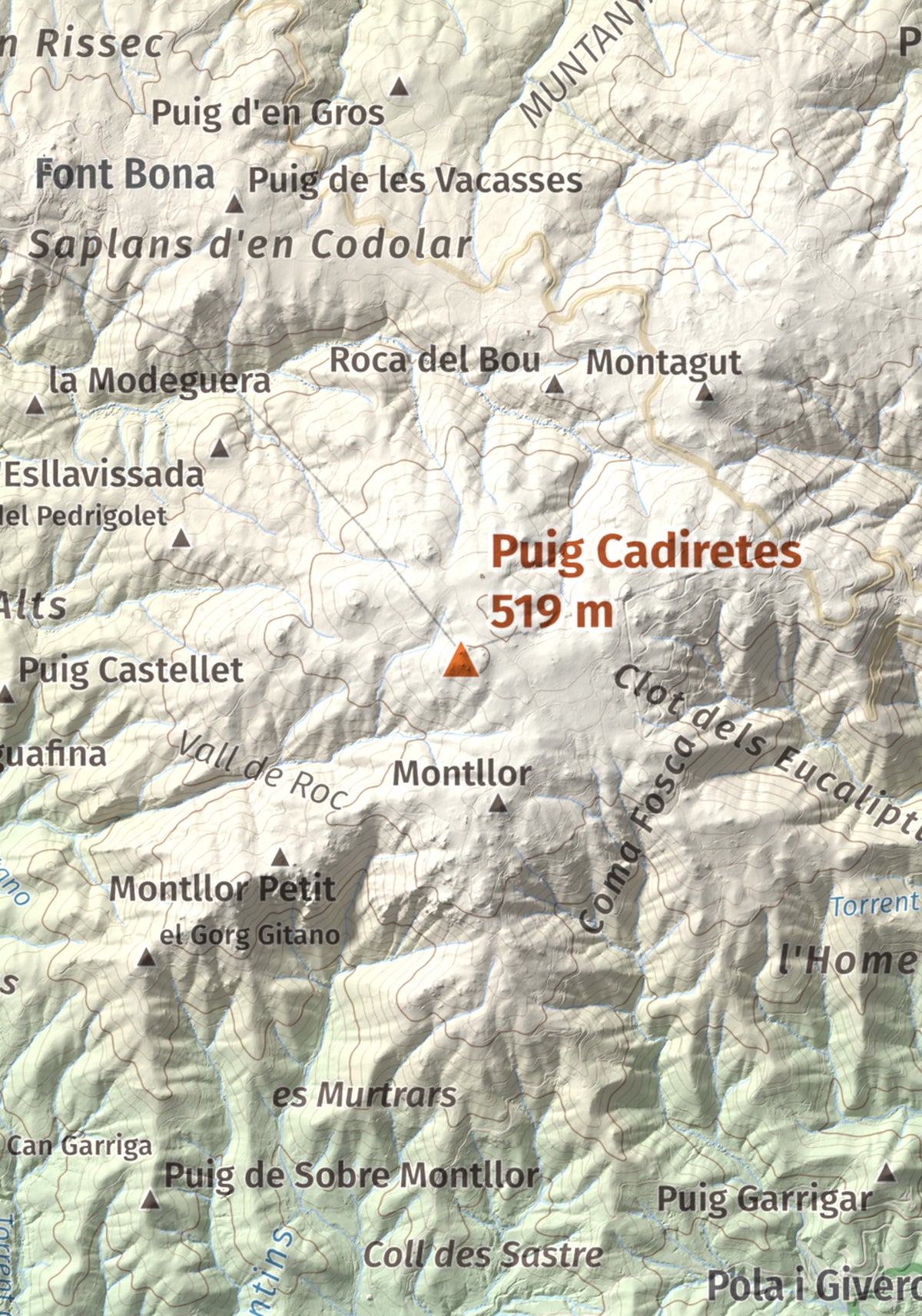 Mapa de relieve de Puig Cadiretes, 519 m, Gironès · Selva, lámina 100 Cims de Trobart. Detalle de la zona central. 21 × 30 cm.