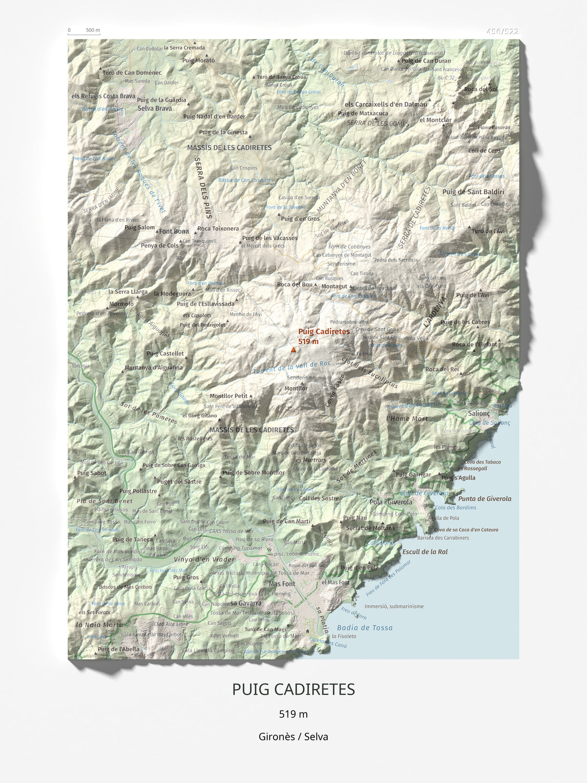 Mapa de relieve de Puig Cadiretes, 519 m, Gironès · Selva, lámina 100 Cims de Trobart 30 × 40 cm.