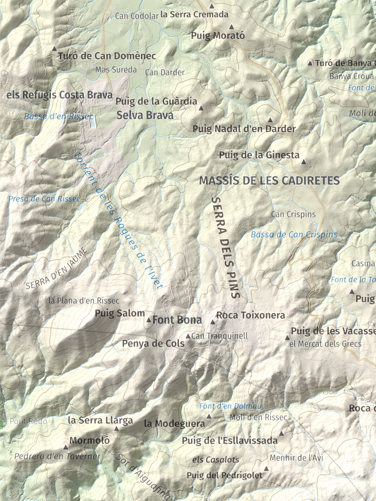 Mapa de relieve de Puig Cadiretes, 519 m, Gironès · Selva, lámina 100 Cims de Trobart. Detalle de la zona superior izquierda. 30 × 40 cm.