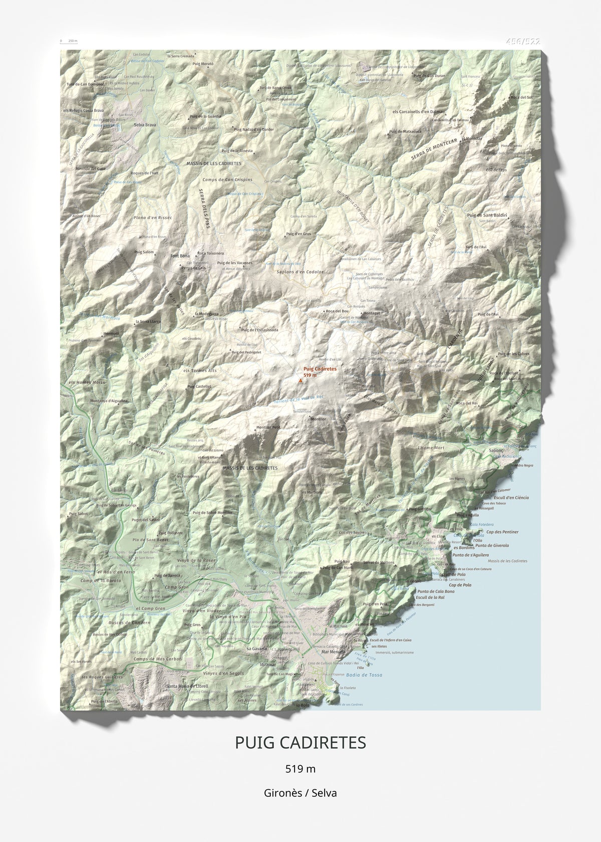 Mapa de relieve de Puig Cadiretes, 519 m, Gironès · Selva, lámina 100 Cims de Trobart 50 × 70 cm.