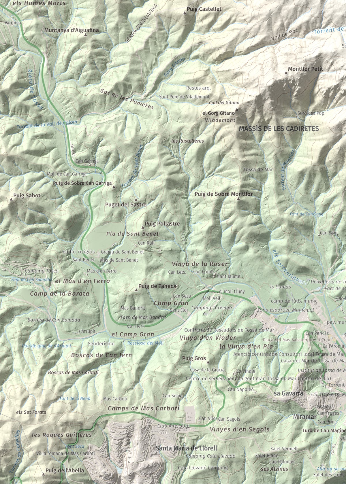 Mapa de relieve de Puig Cadiretes, 519 m, Gironès · Selva, lámina 100 Cims de Trobart. Detalle de la zona inferior izquierda. 50 × 70 cm.