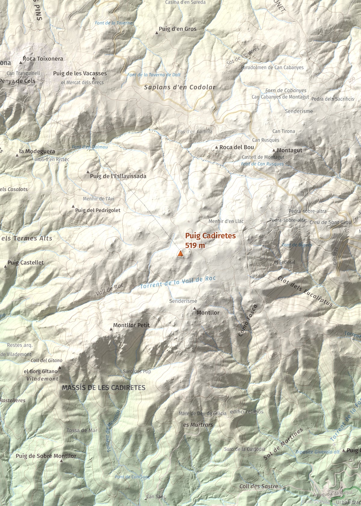 Mapa de relieve de Puig Cadiretes, 519 m, Gironès · Selva, lámina 100 Cims de Trobart. Detalle de la zona central. 50 × 70 cm.
