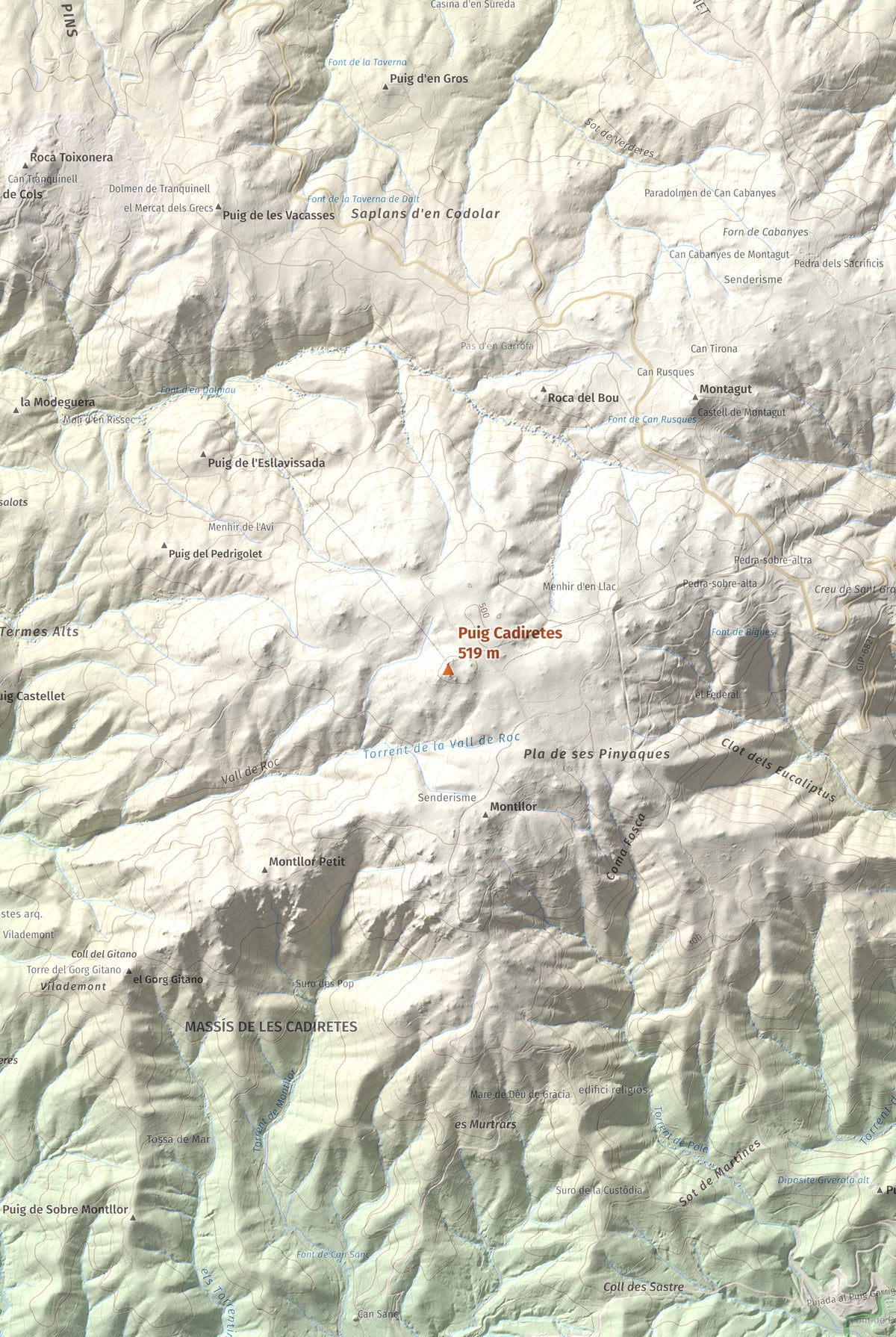 Mapa de relieve de Puig Cadiretes, 519 m, Gironès · Selva, lámina 100 Cims de Trobart. Detalle de la zona central. 61 × 91 cm.