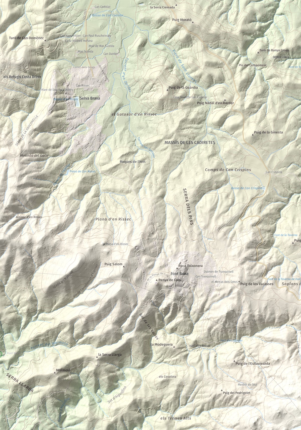 Mapa de relieve de Puig Cadiretes, 519 m, Gironès · Selva, lámina 100 Cims de Trobart. Detalle de la zona superior izquierda. 70 × 100 cm.