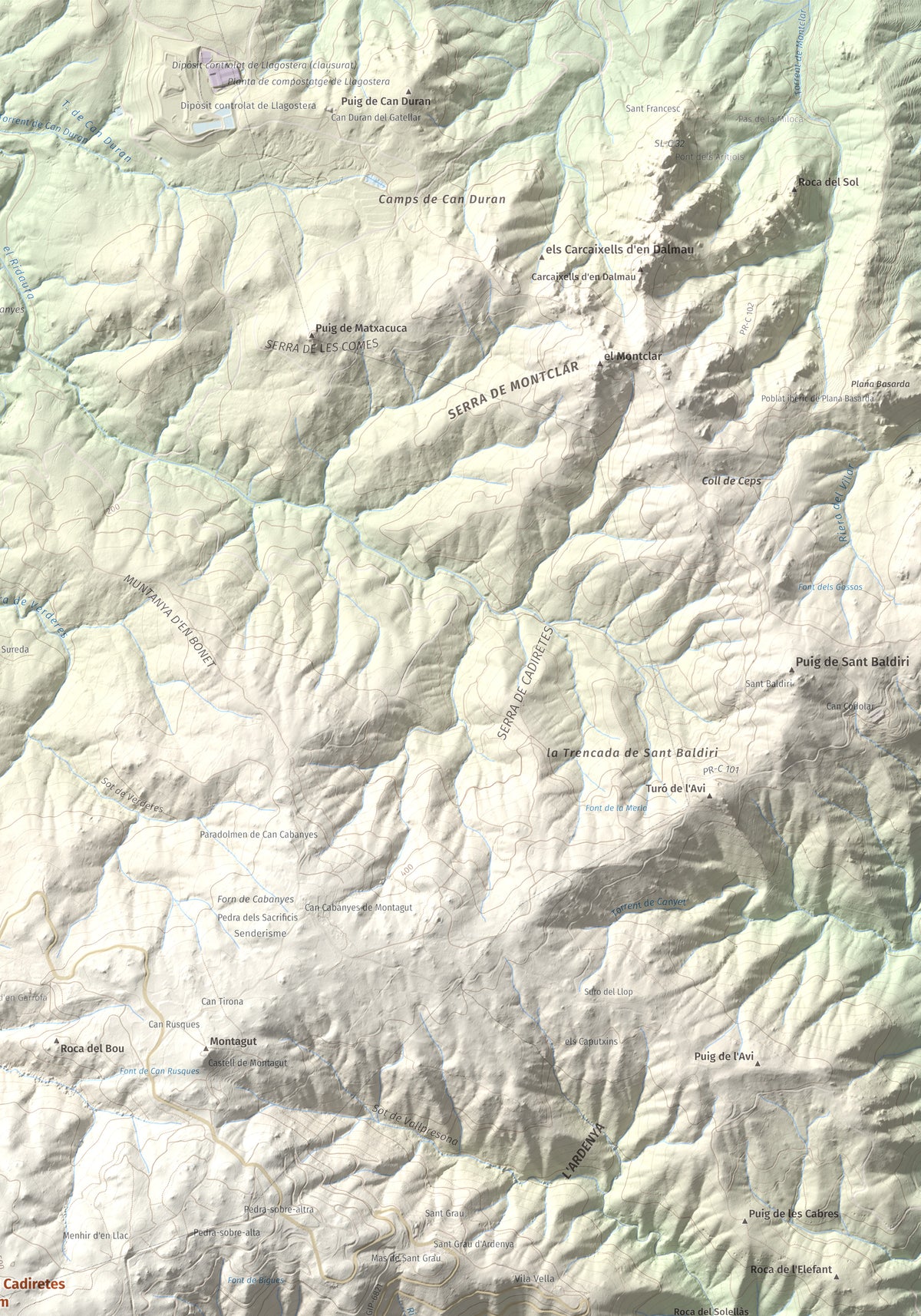 Mapa de relieve de Puig Cadiretes, 519 m, Gironès · Selva, lámina 100 Cims de Trobart. Detalle de la zona superior derecha. 70 × 100 cm.