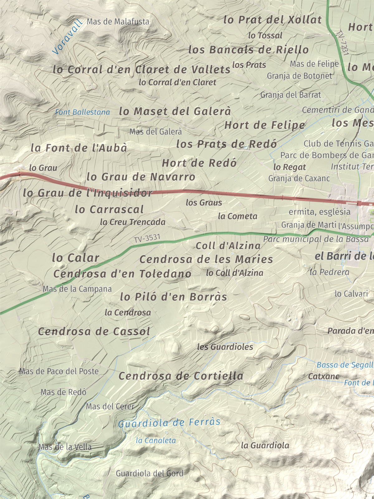 Mapa topogràfic del relleu: Puig Cavaller, 706 m. Detall de la zona superior esquerra. 30 × 40 cm.