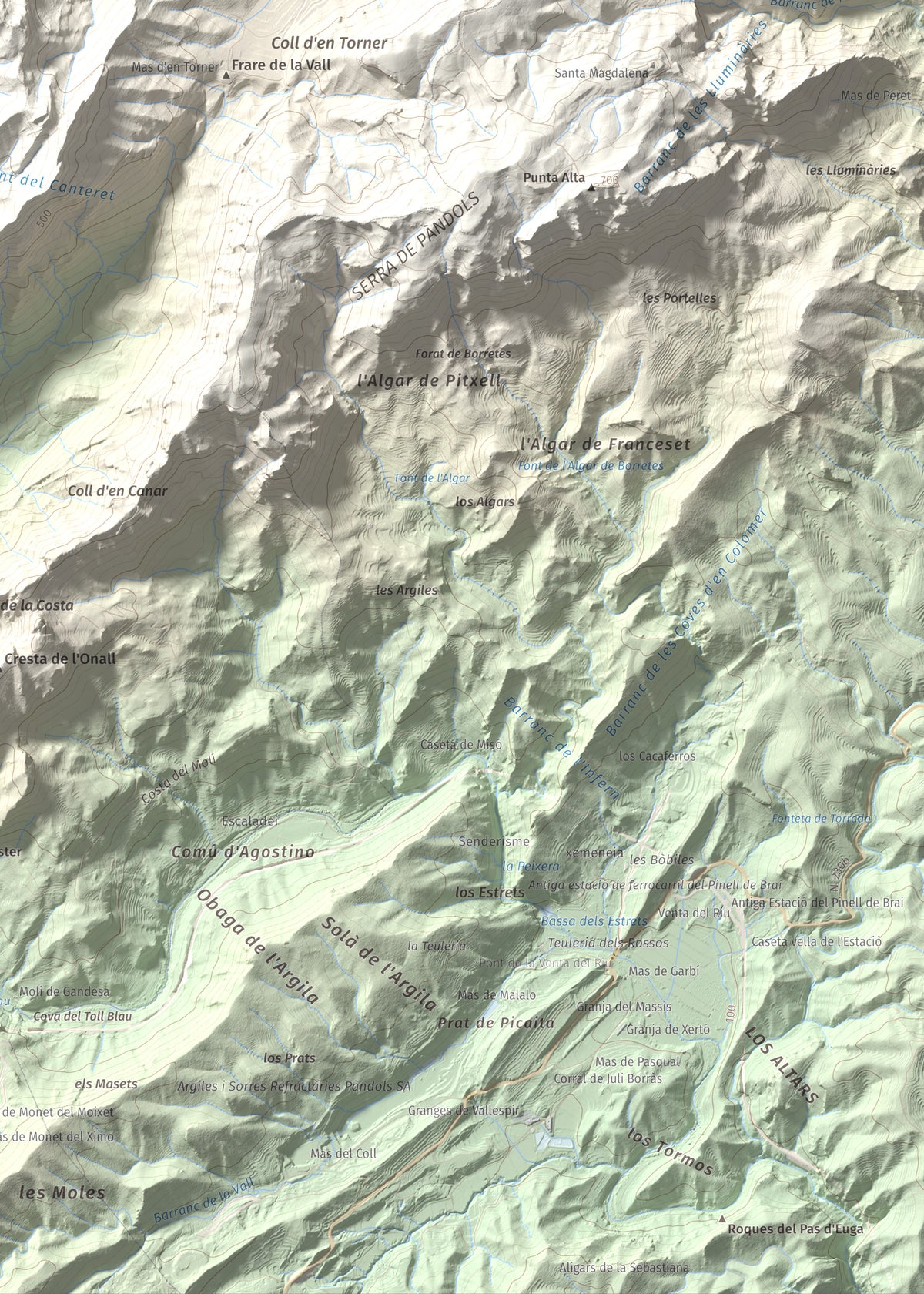 Mapa topogràfic del relleu: Puig Cavaller, 706 m. Detall de la zona inferior dreta. 50 × 70 cm.