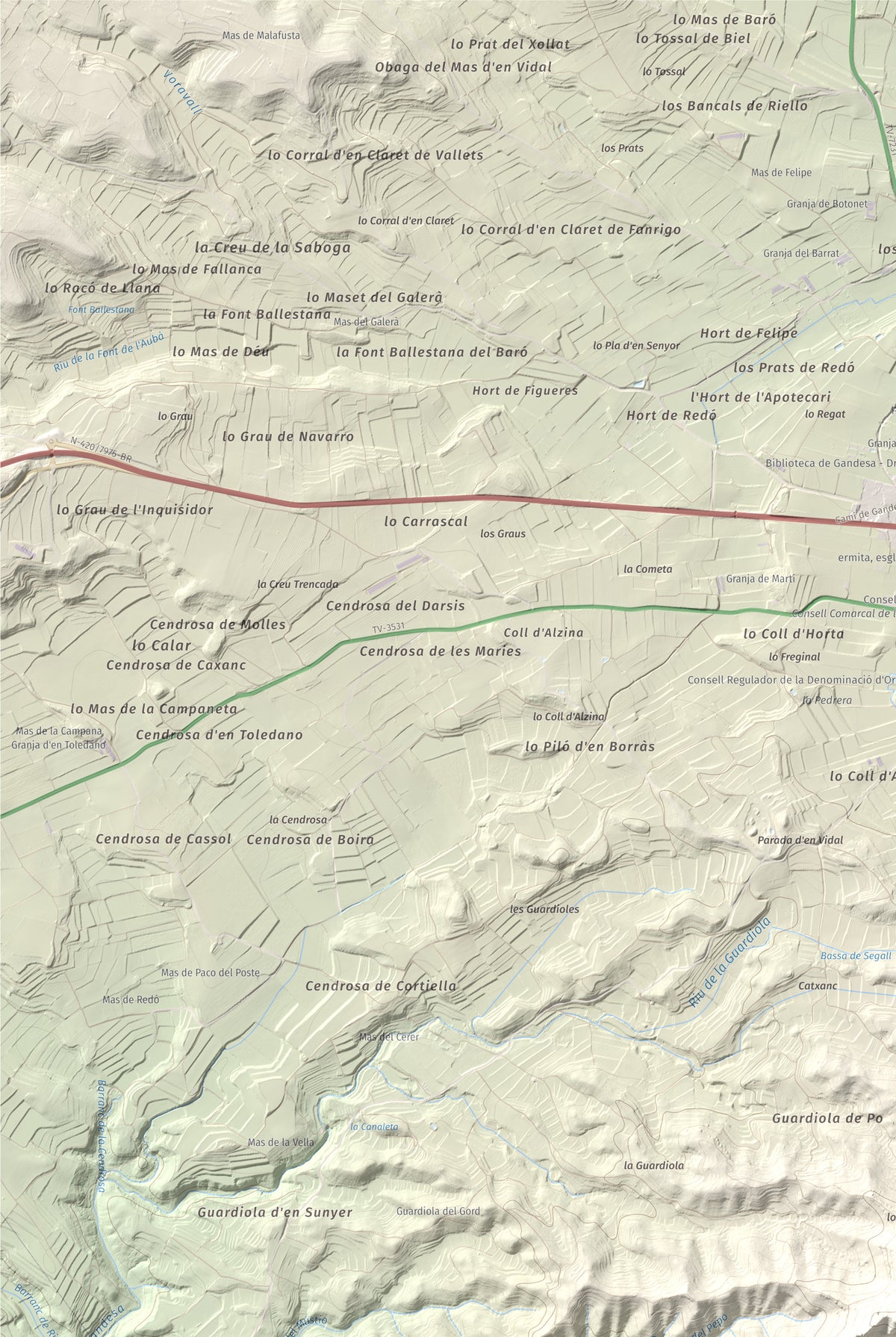 Mapa topogràfic del relleu: Puig Cavaller, 706 m. Detall de la zona superior esquerra. 61 × 91 cm.