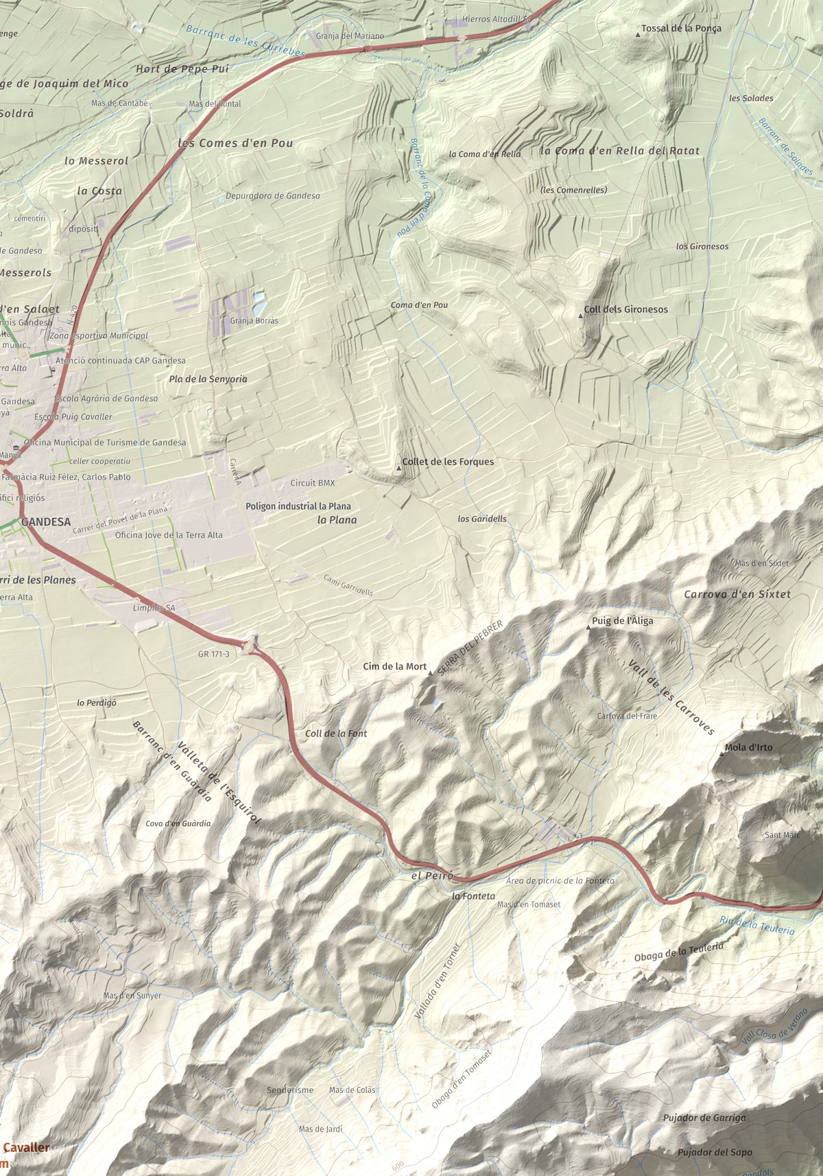 Mapa topogràfic del relleu: Puig Cavaller, 706 m. Detall de la zona superior dreta. 70 × 100 cm.
