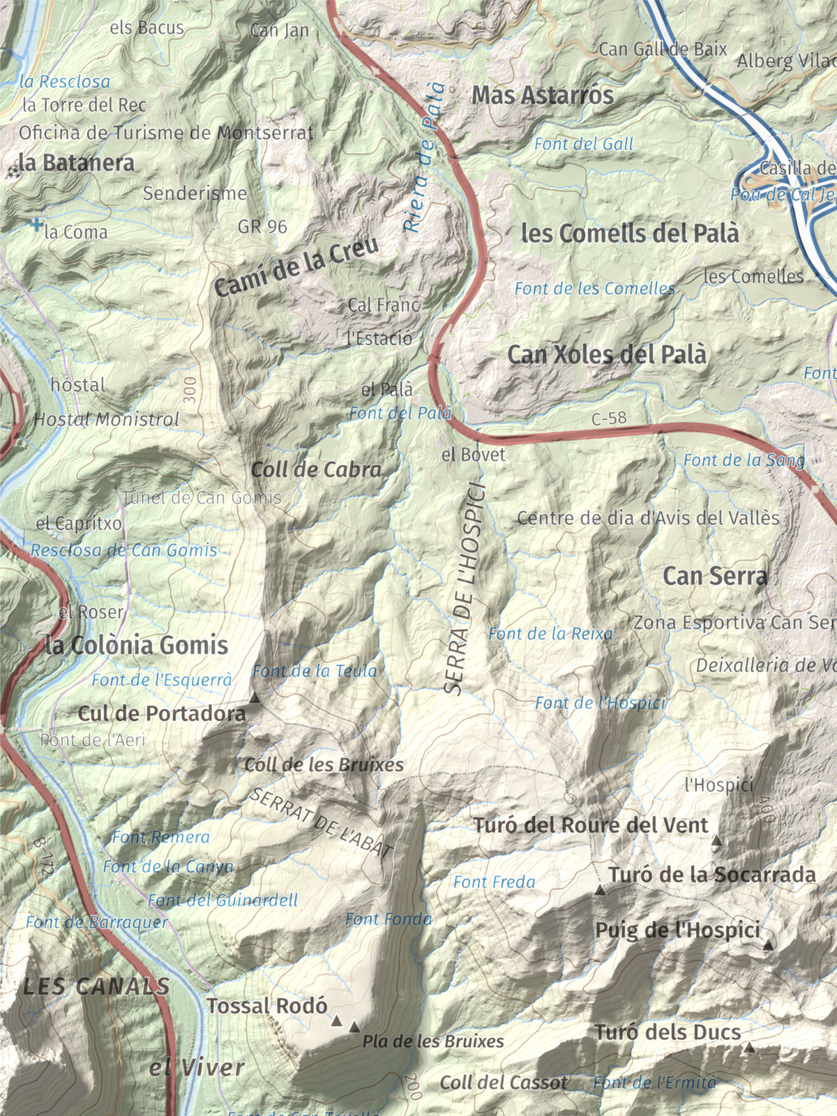 Mapa de relieve de Puig Cendrós, 499 m, Baix Llobregat, lámina 100 Cims de Trobart. Detalle de la zona superior izquierda. 30 × 40 cm.