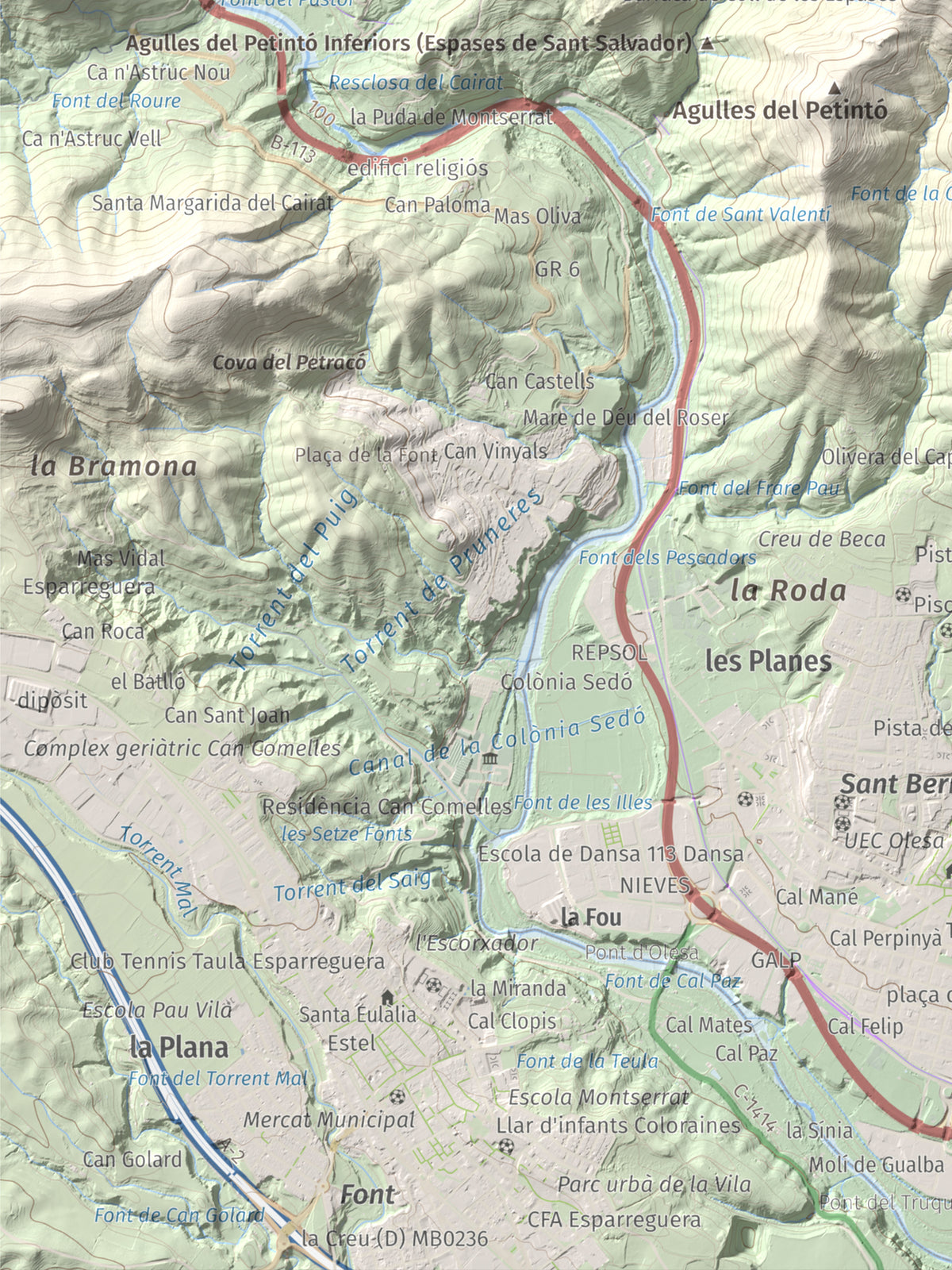 Mapa de relieve de Puig Cendrós, 499 m, Baix Llobregat, lámina 100 Cims de Trobart. Detalle de la zona inferior izquierda. 30 × 40 cm.