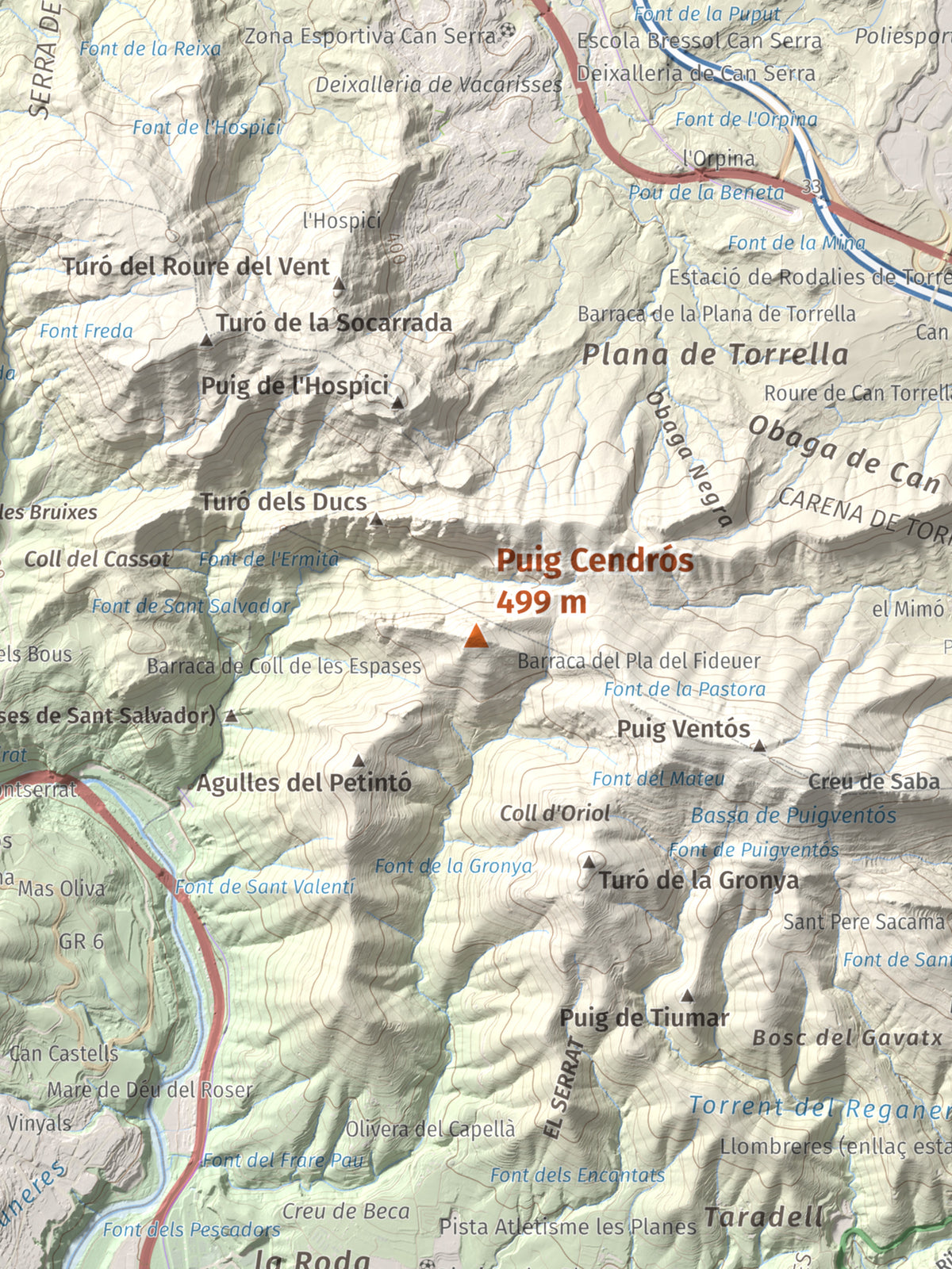Mapa de relieve de Puig Cendrós, 499 m, Baix Llobregat, lámina 100 Cims de Trobart. Detalle de la zona central. 30 × 40 cm.