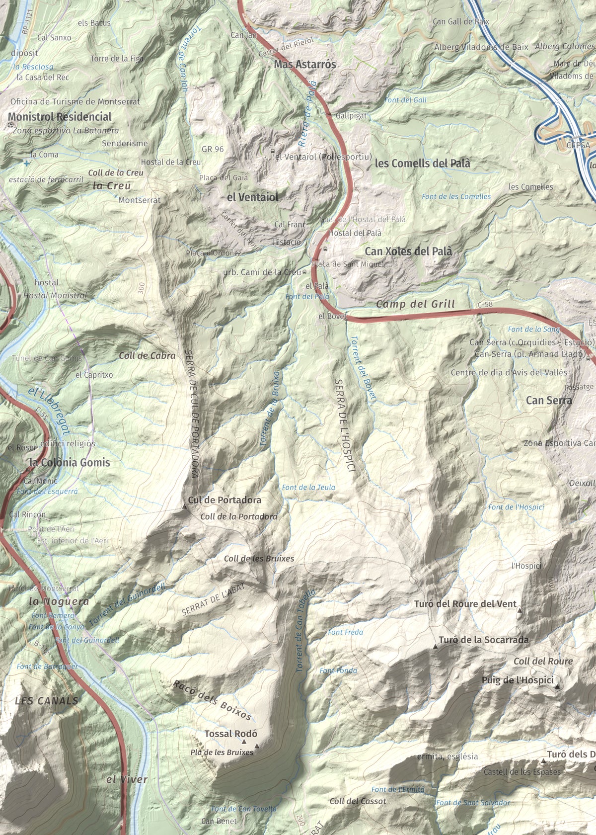 Mapa de relieve de Puig Cendrós, 499 m, Baix Llobregat, lámina 100 Cims de Trobart. Detalle de la zona superior izquierda. 50 × 70 cm.