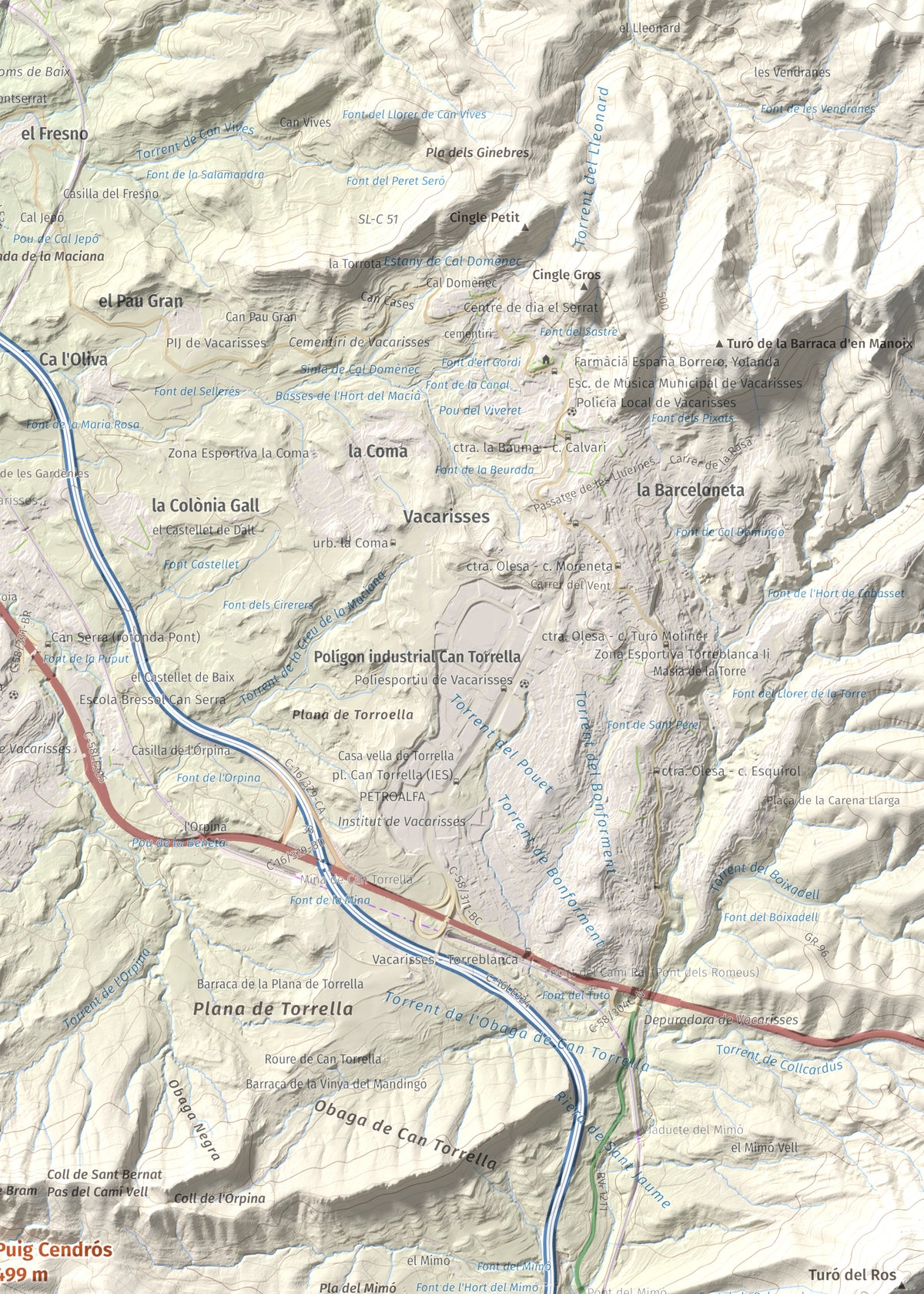 Mapa de relieve de Puig Cendrós, 499 m, Baix Llobregat, lámina 100 Cims de Trobart. Detalle de la zona superior derecha. 50 × 70 cm.