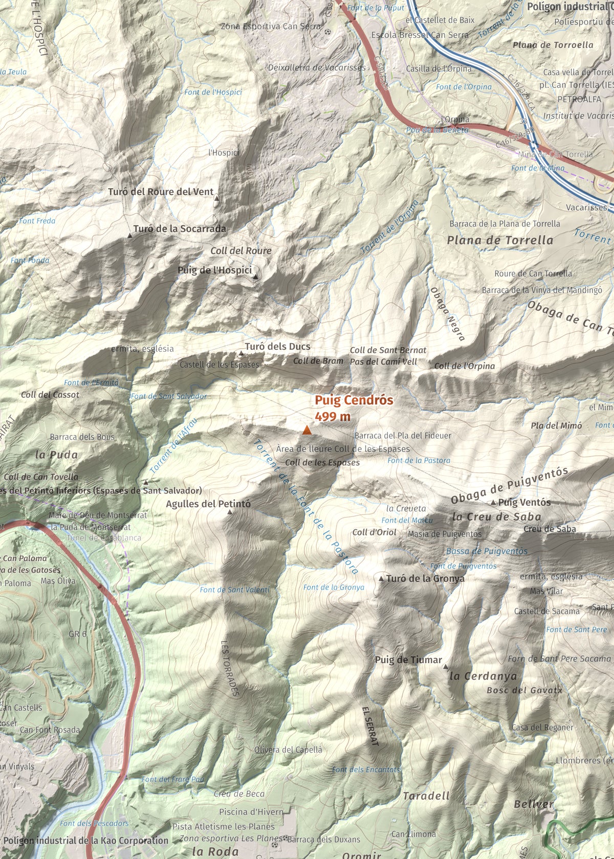 Mapa de relieve de Puig Cendrós, 499 m, Baix Llobregat, lámina 100 Cims de Trobart. Detalle de la zona central. 50 × 70 cm.