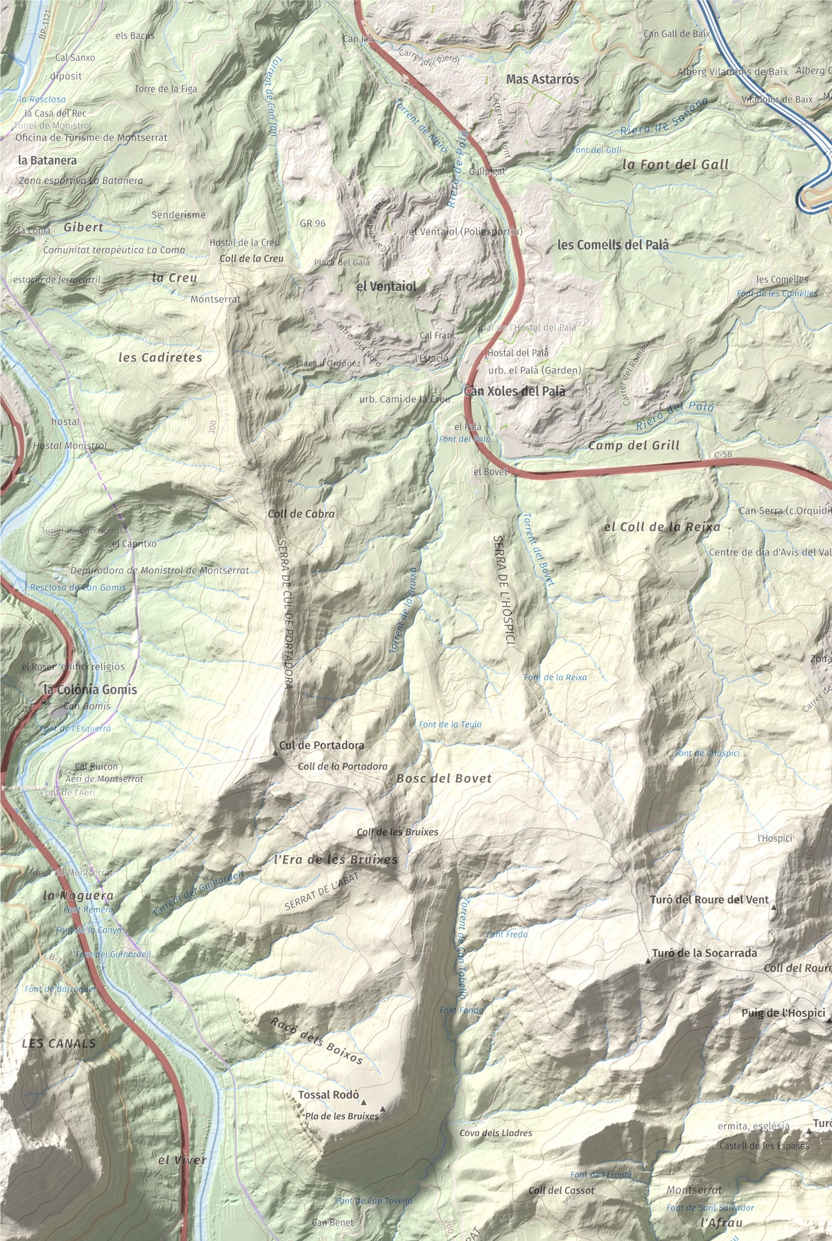 Mapa de relieve de Puig Cendrós, 499 m, Baix Llobregat, lámina 100 Cims de Trobart. Detalle de la zona superior izquierda. 61 × 91 cm.
