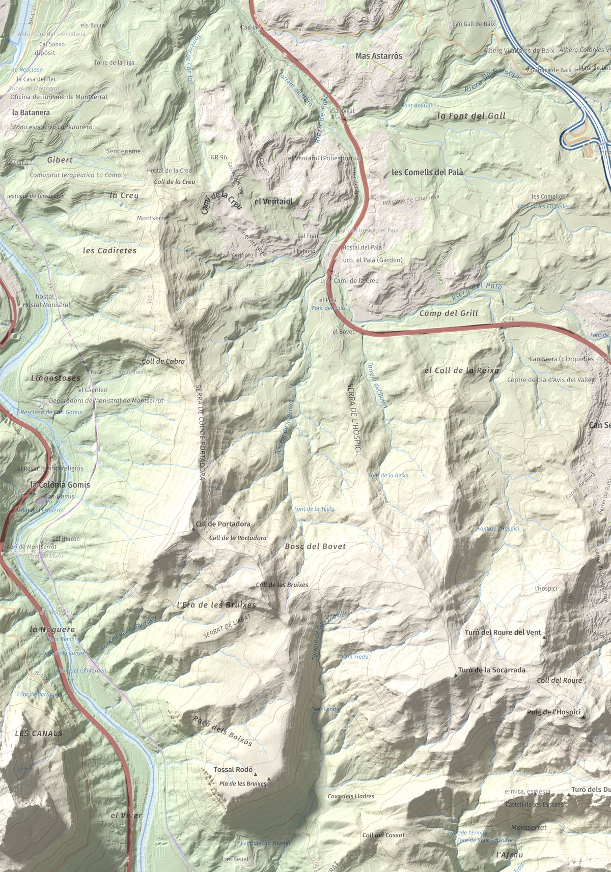 Mapa de relieve de Puig Cendrós, 499 m, Baix Llobregat, lámina 100 Cims de Trobart. Detalle de la zona superior izquierda. 70 × 100 cm.