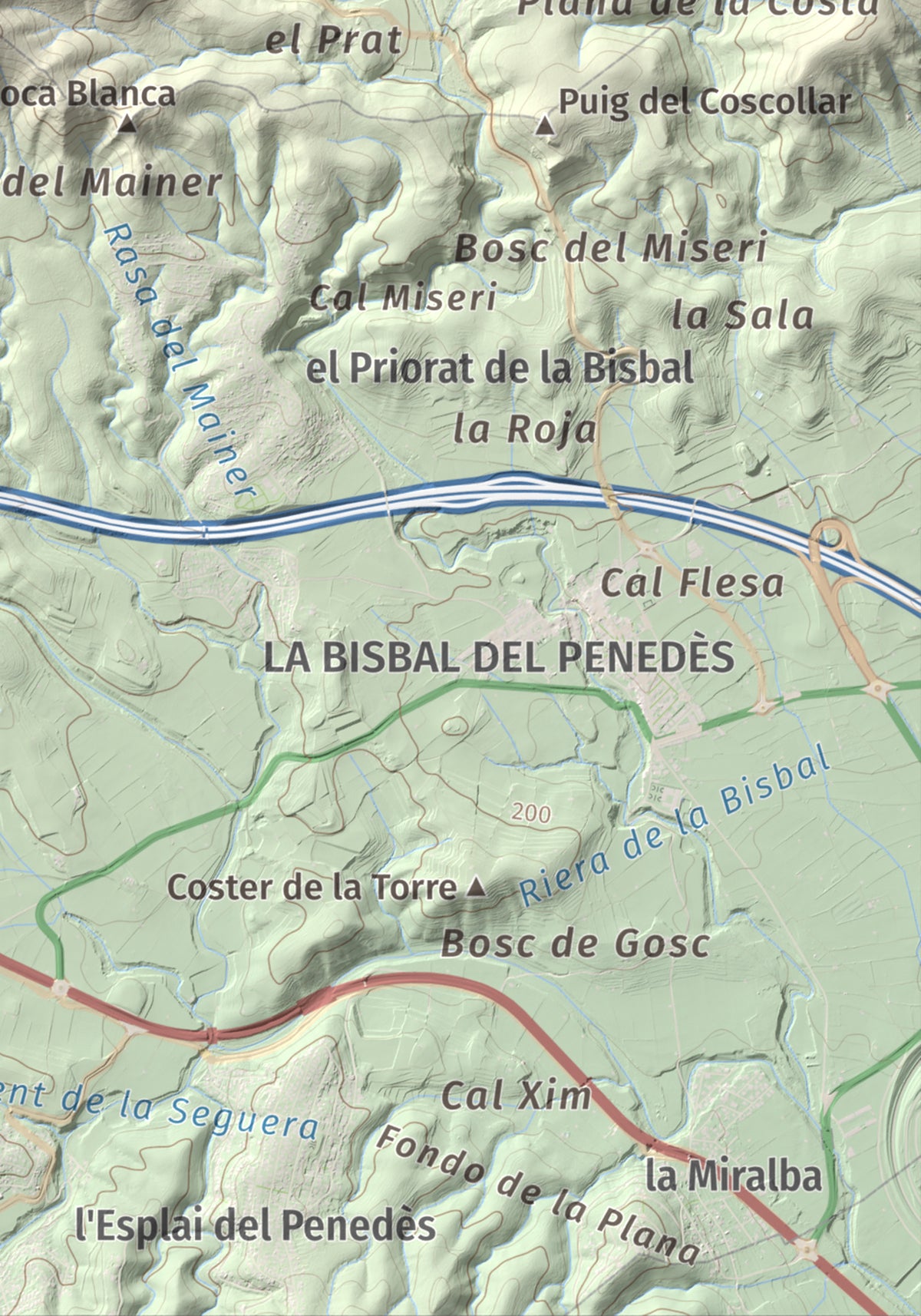 Mapa de relieve de Puig Francàs, 551 m, Baix Penedès, lámina 100 Cims de Trobart. Detalle de la zona inferior derecha. 21 × 30 cm.