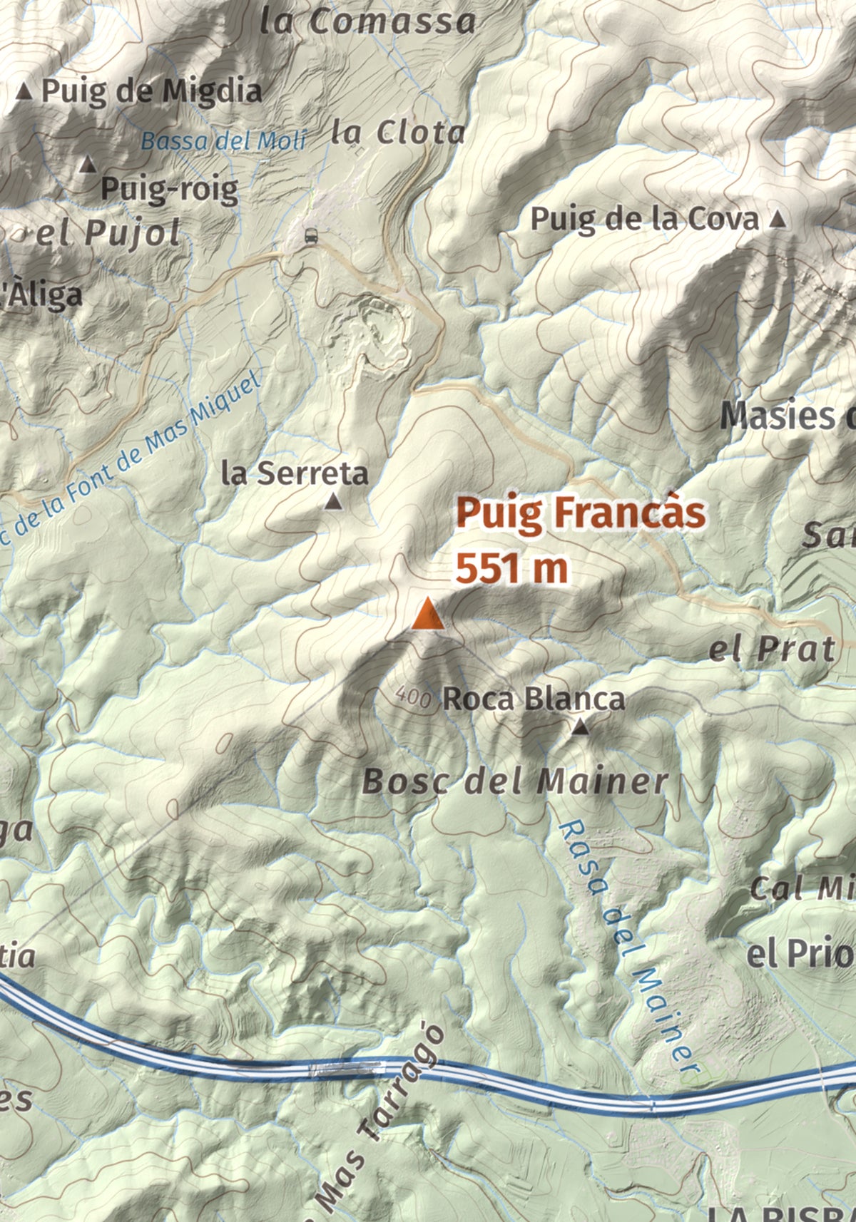 Mapa de relieve de Puig Francàs, 551 m, Baix Penedès, lámina 100 Cims de Trobart. Detalle de la zona central. 21 × 30 cm.