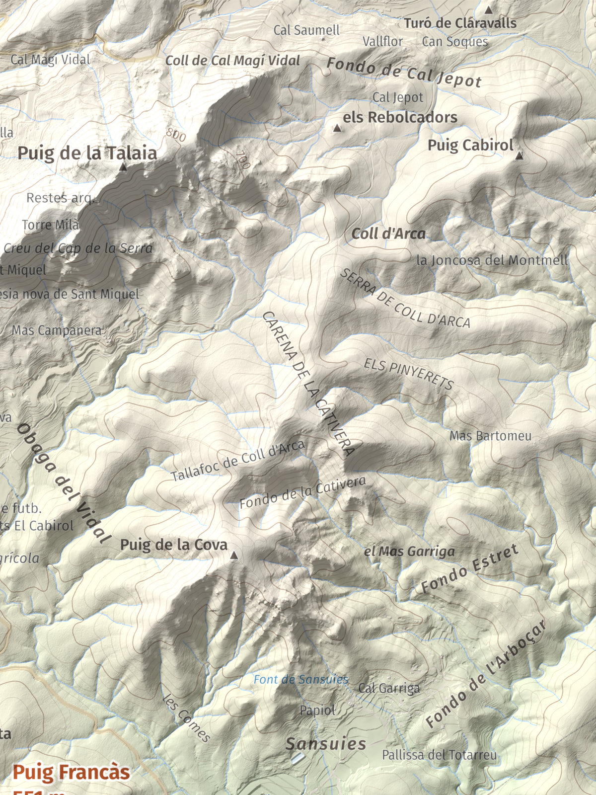 Mapa de relieve de Puig Francàs, 551 m, Baix Penedès, lámina 100 Cims de Trobart. Detalle de la zona superior derecha. 30 × 40 cm.