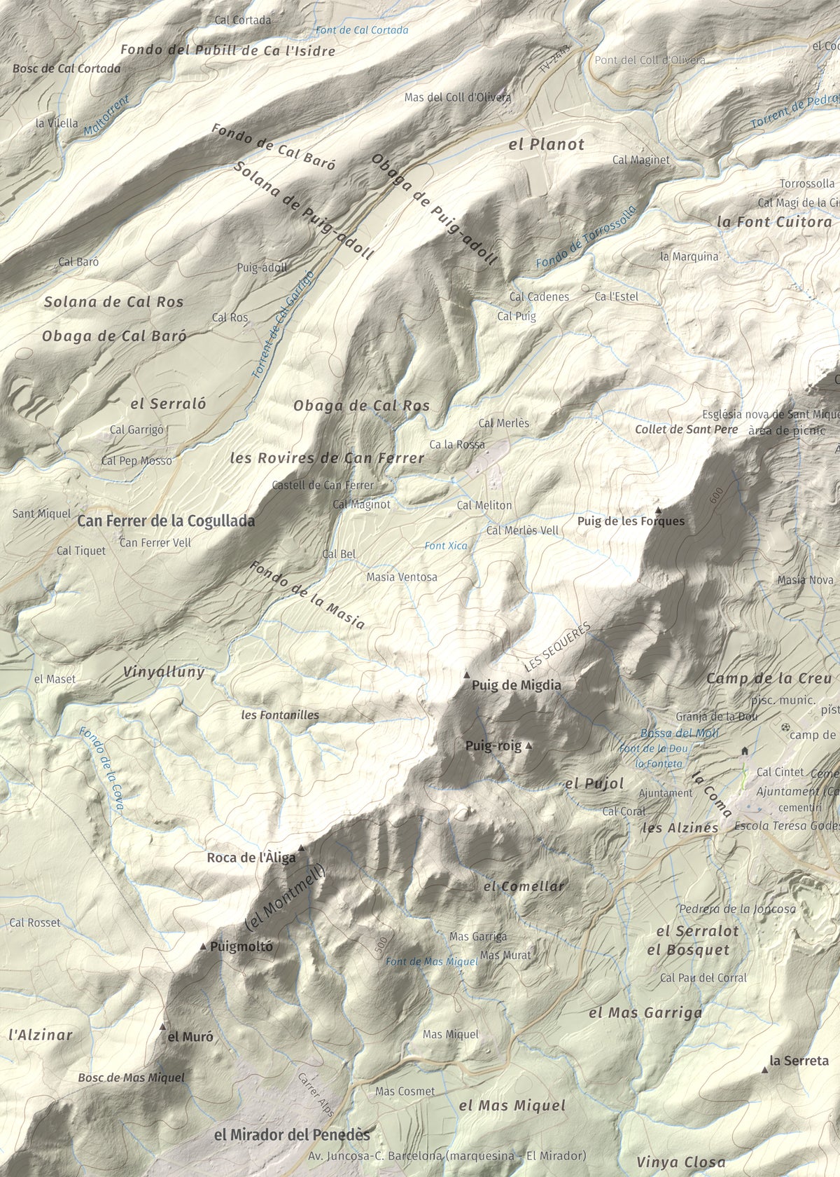 Mapa de relieve de Puig Francàs, 551 m, Baix Penedès, lámina 100 Cims de Trobart. Detalle de la zona superior izquierda. 50 × 70 cm.
