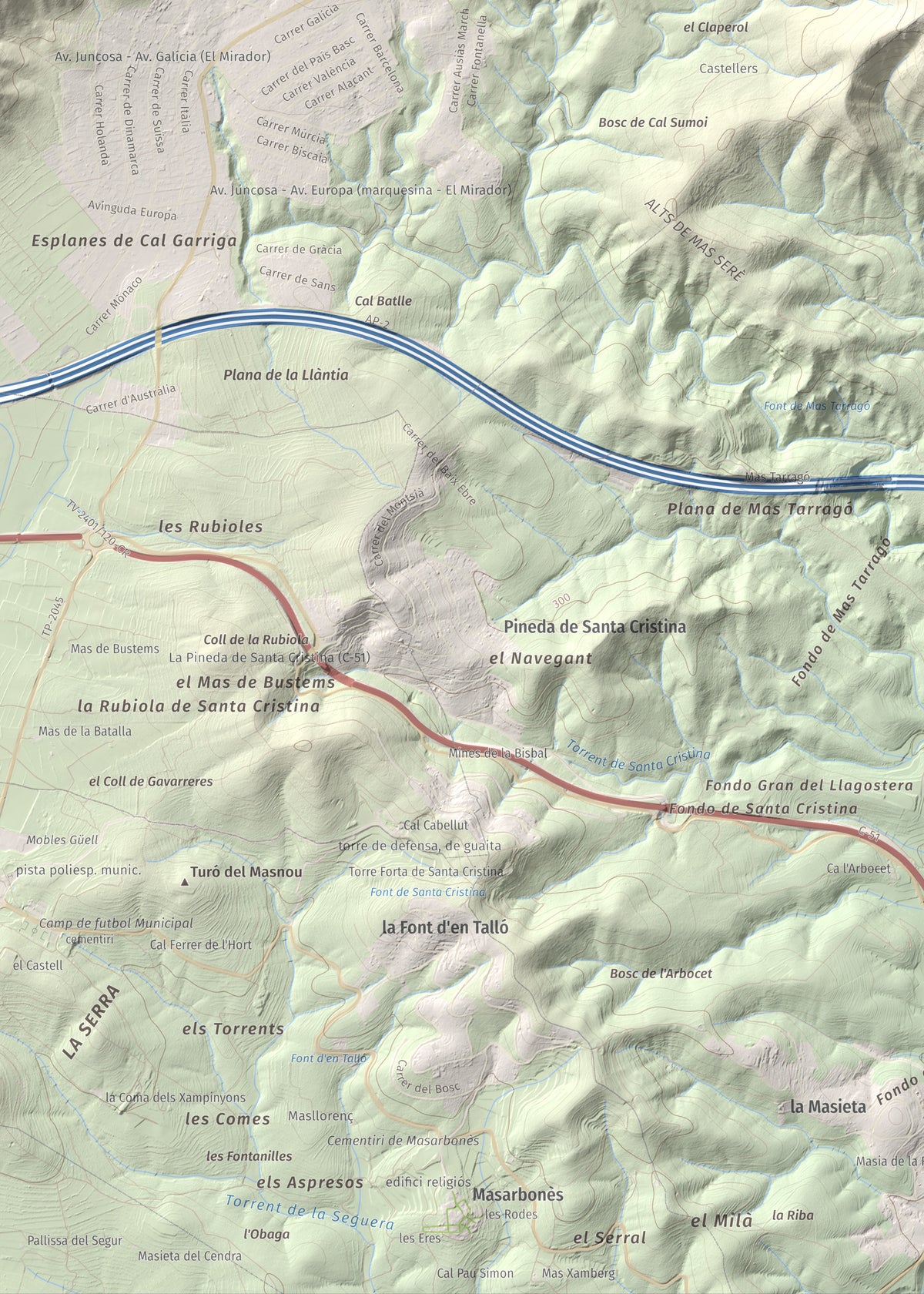 Mapa de relieve de Puig Francàs, 551 m, Baix Penedès, lámina 100 Cims de Trobart. Detalle de la zona inferior izquierda. 50 × 70 cm.