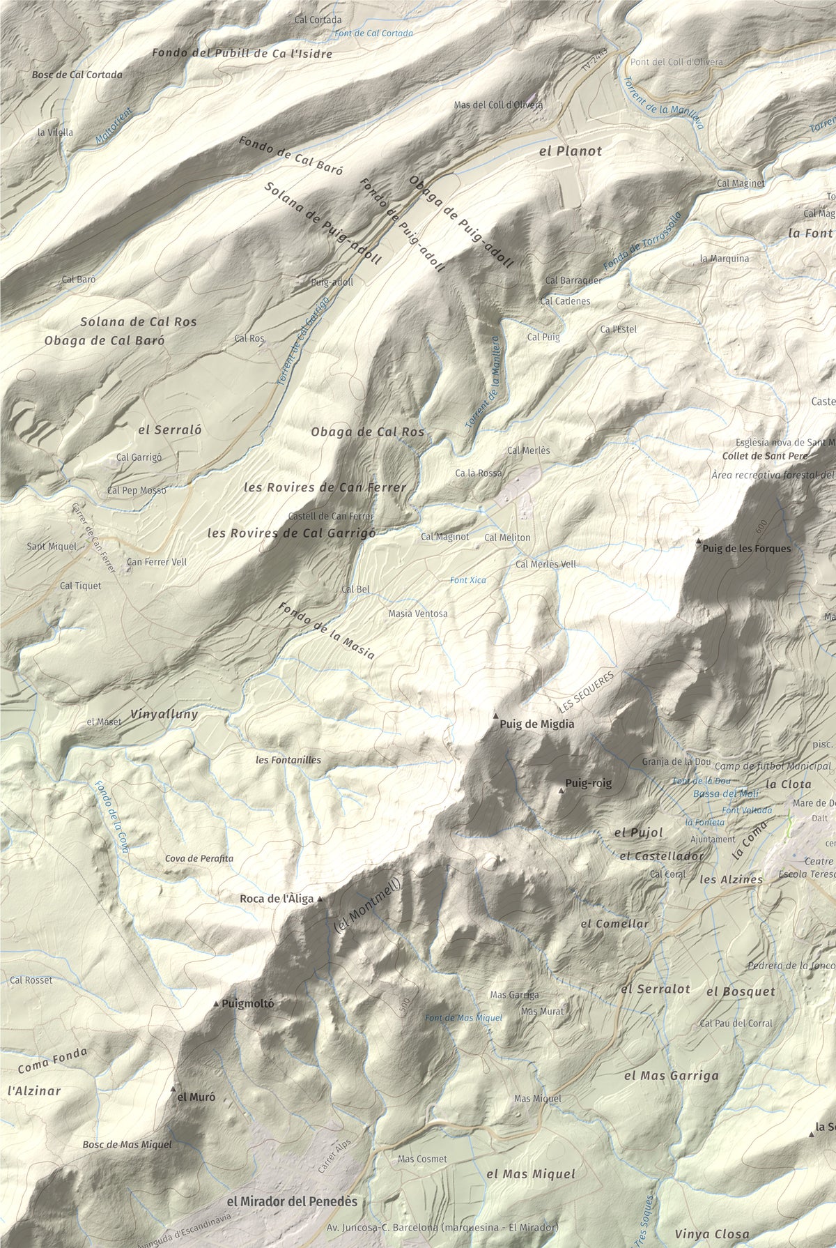 Mapa de relieve de Puig Francàs, 551 m, Baix Penedès, lámina 100 Cims de Trobart. Detalle de la zona superior izquierda. 61 × 91 cm.