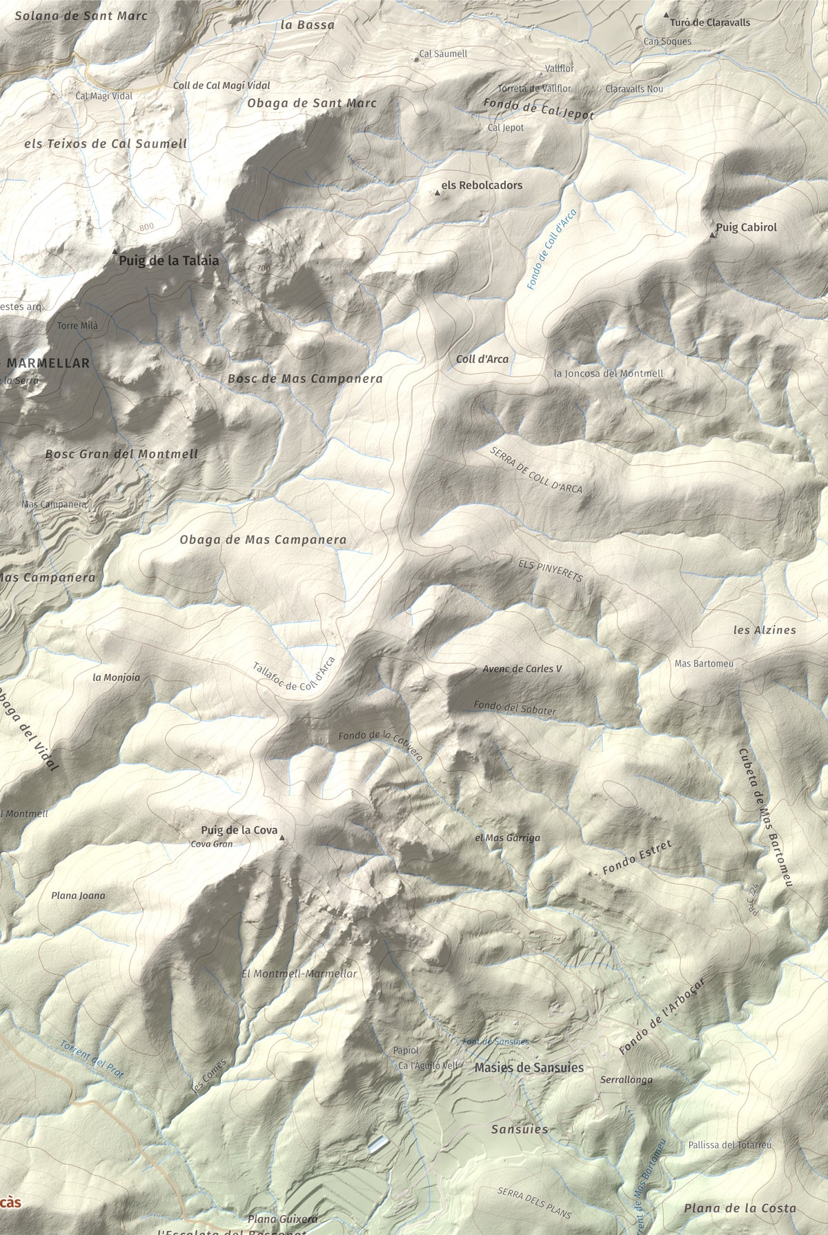 Mapa de relieve de Puig Francàs, 551 m, Baix Penedès, lámina 100 Cims de Trobart. Detalle de la zona superior derecha. 61 × 91 cm.