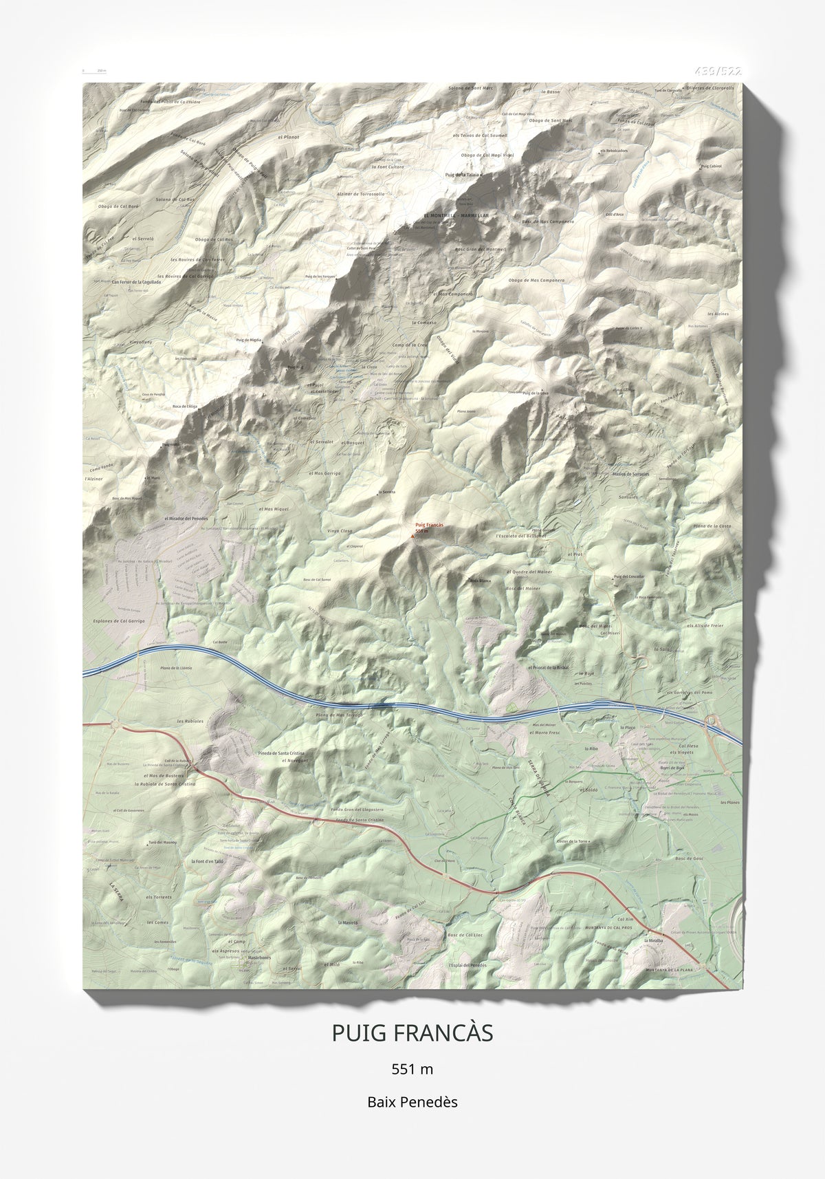 Mapa de relieve de Puig Francàs, 551 m, Baix Penedès, lámina 100 Cims de Trobart 70 × 100 cm.
