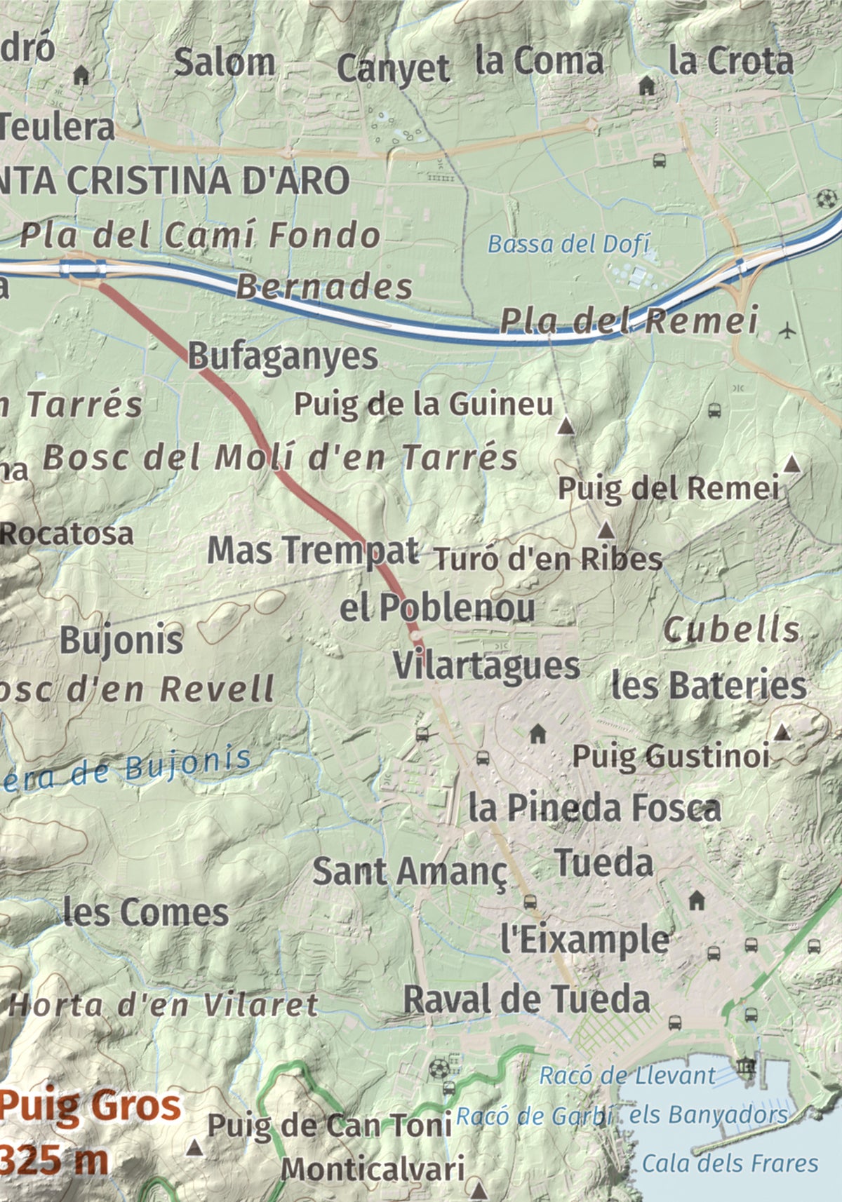 Mapa de relieve de Puig Gros, 325 m, Baix Empordà, lámina 100 Cims de Trobart. Detalle de la zona superior derecha. 21 × 30 cm.
